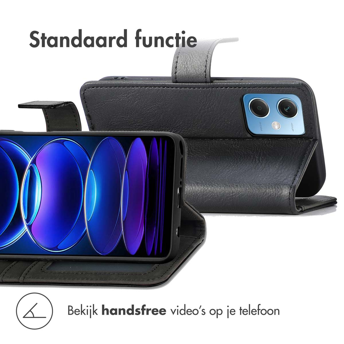 Zwarte telefoonhoes met verlichte smartphone met blauwe/paarse grafiek.
