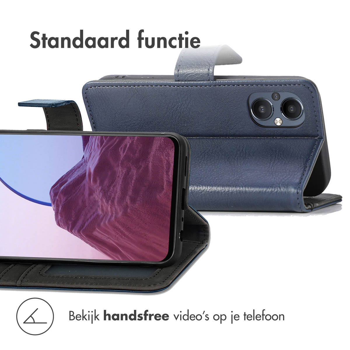 Blauwe lederen telefoonhoes met telefoon rechtop voor video's.