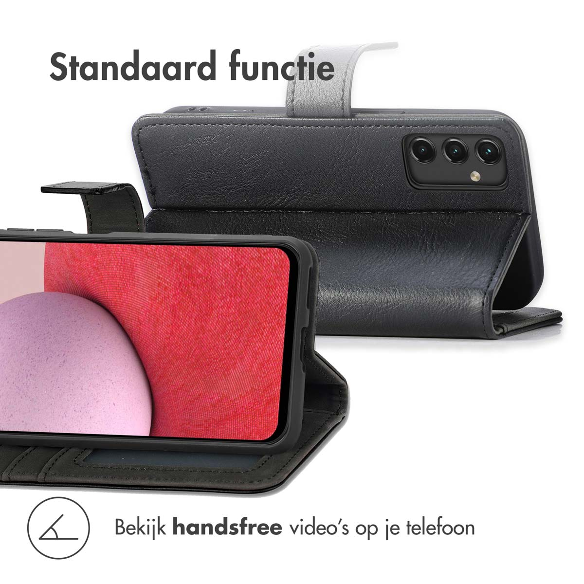 Zwarte leren telefoonhoes open, met een telefoon erin.