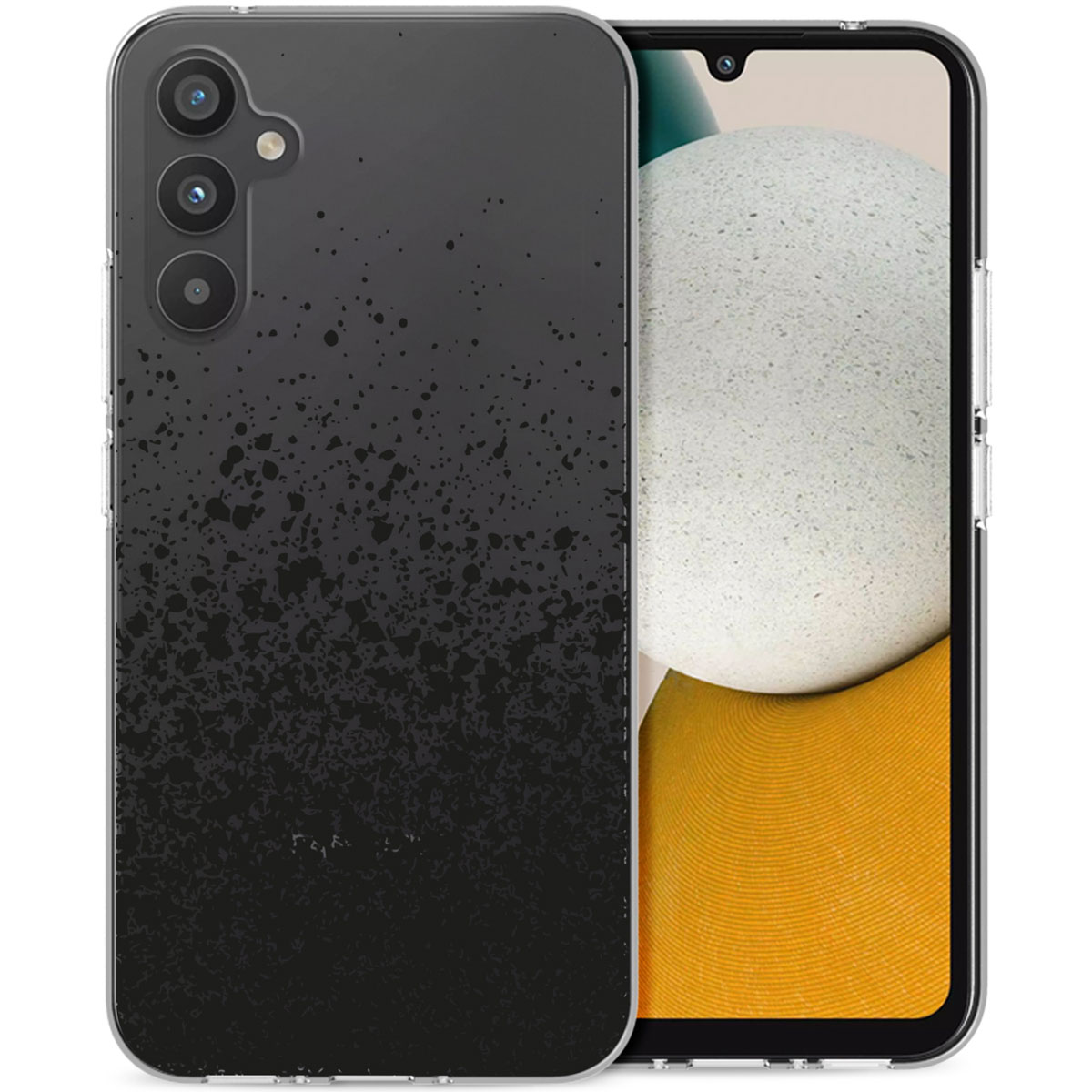 Telefoonhoes met zwarte gradient. Telefoon is zichtbaar. Zwart en transparant.