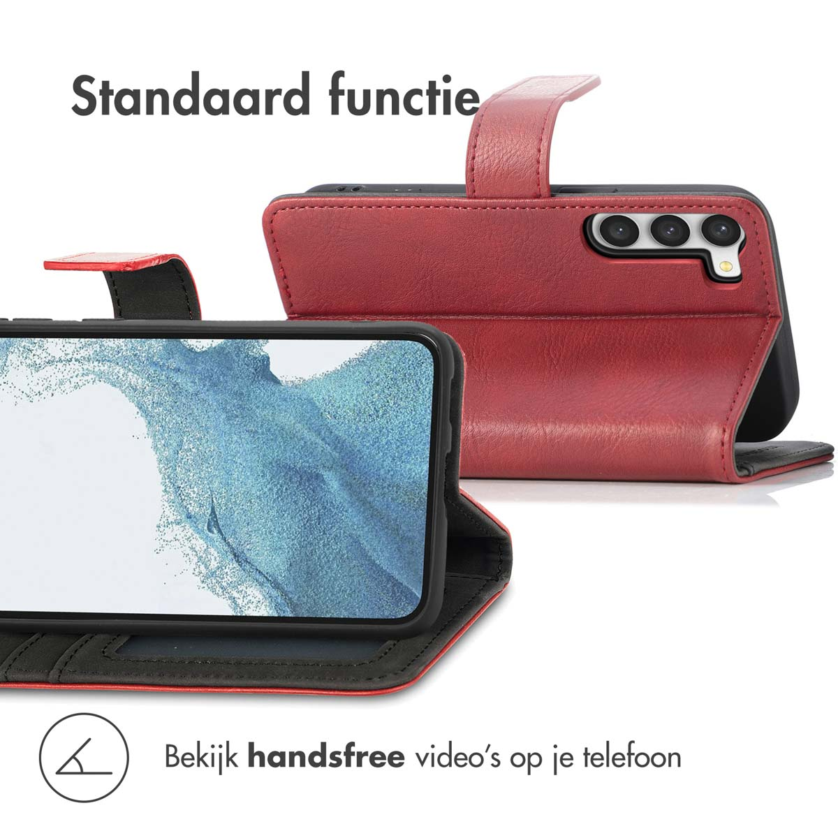 Een rode telefoonhoes met een telefoon erin. De hoes is open en toont het scherm. Tekst: 'Standaard functie'.