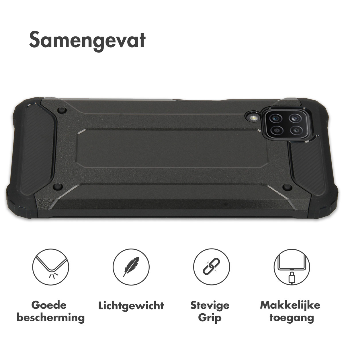 Een zwarte telefoonhoes met een robuust ontwerp, met beschermingsiconen.