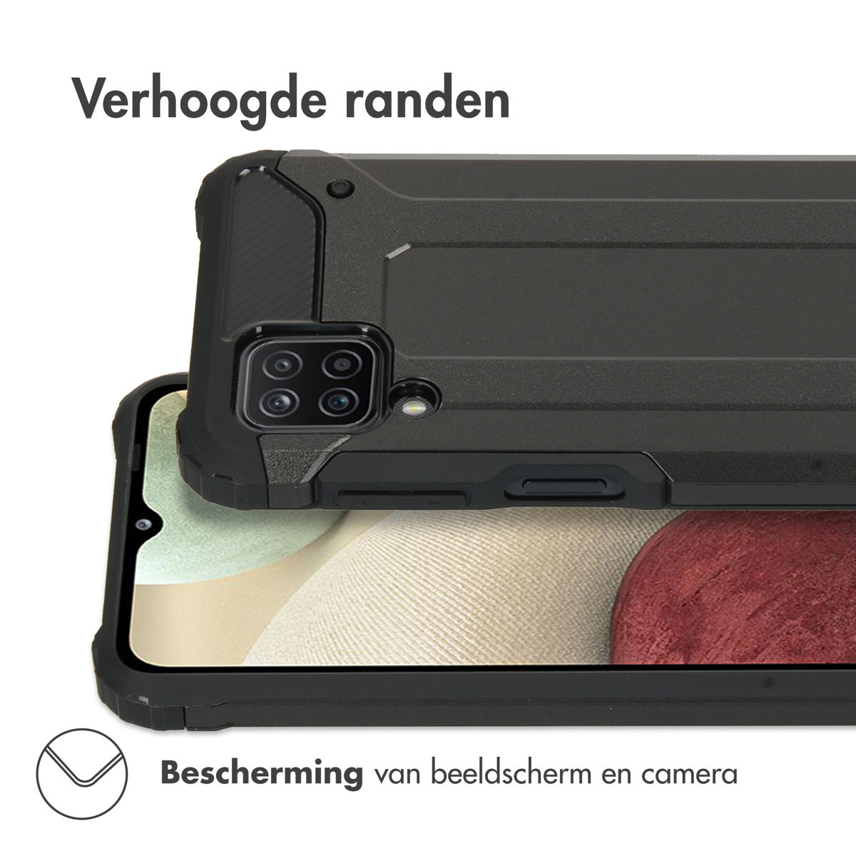Zwarte telefoonhoes, close-up, met verhoogde randen om het scherm en de camera te beschermen.