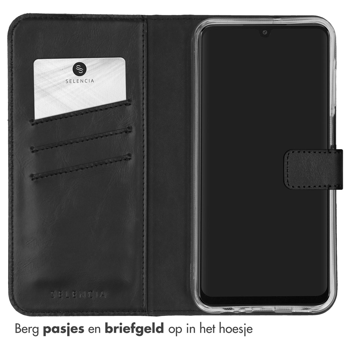 Custodia a portafoglio in pelle nera per telefono con slot per carte.