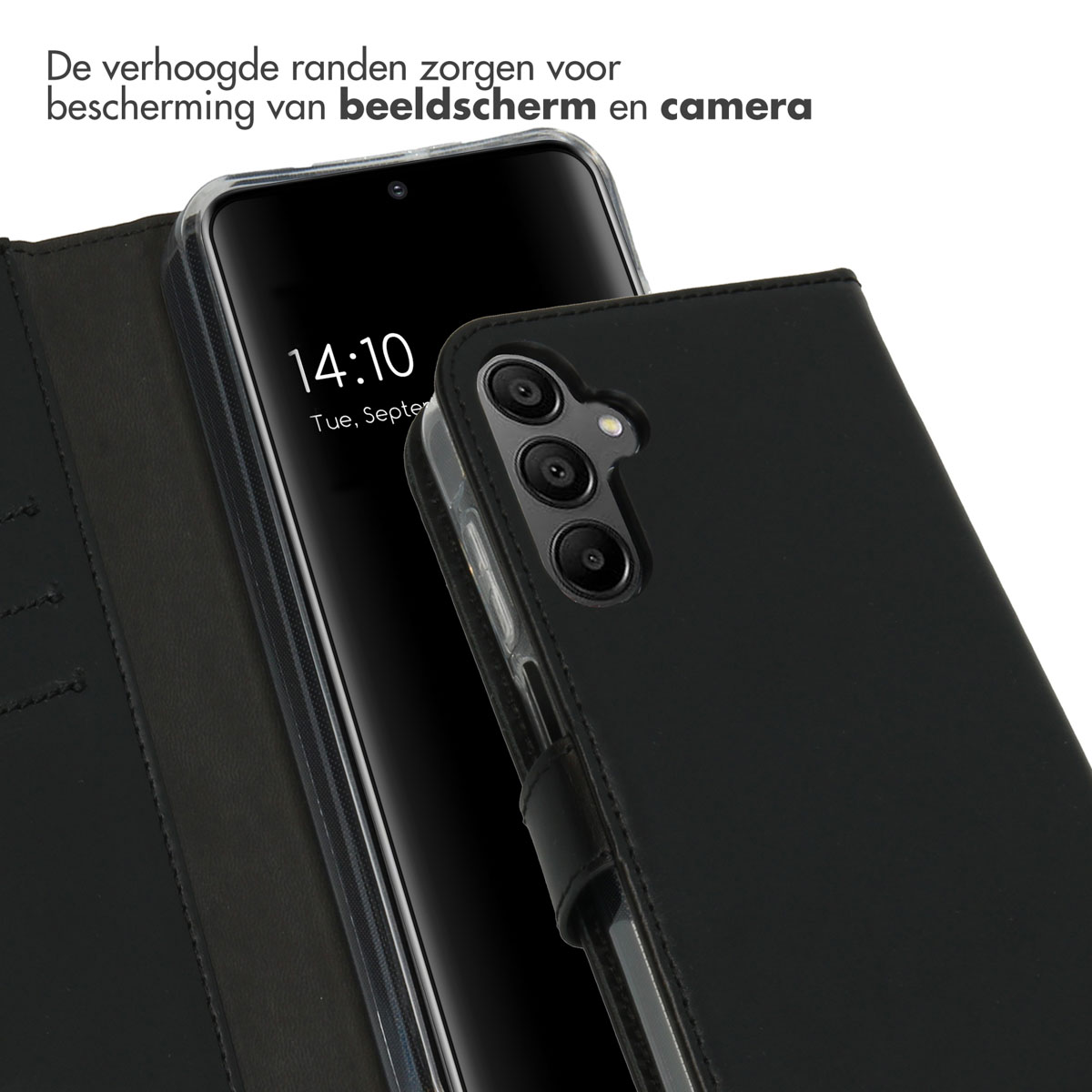 Telefono nero in custodia a libro, mostra modulo fotocamera e schermo