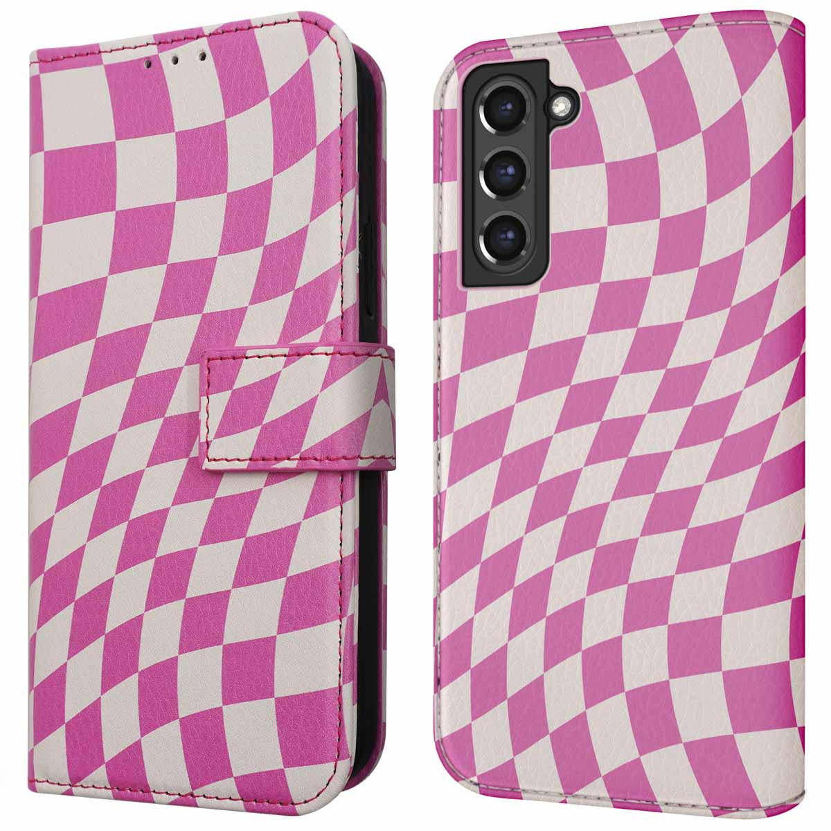 Coque de téléphone à carreaux roses et blancs. Étui ouvert montre le téléphone, répétant le design.