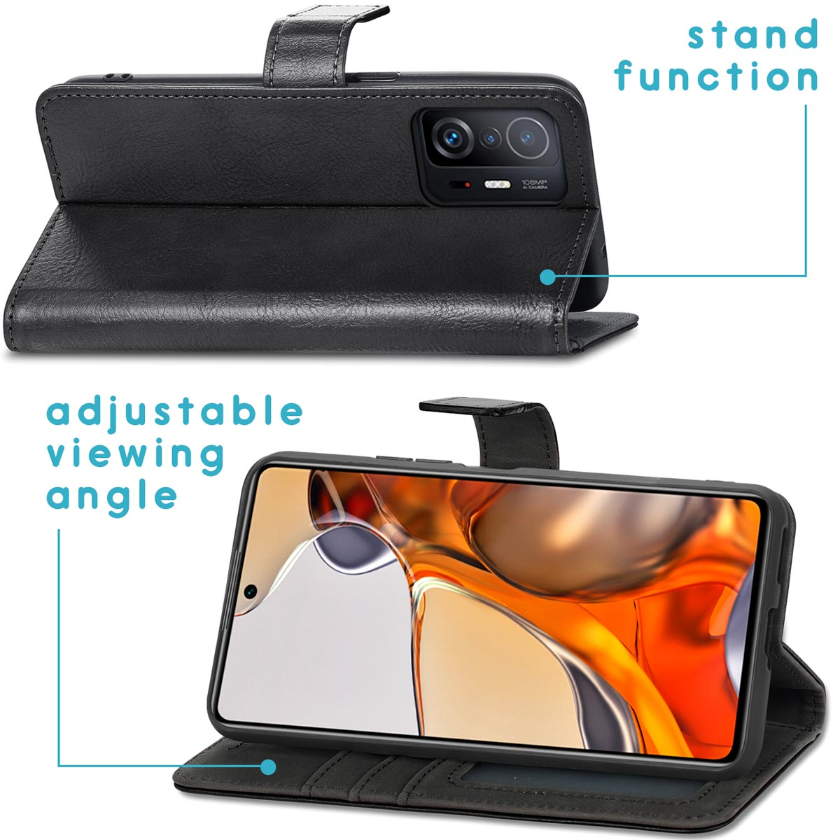 Étui portefeuille noir pour téléphone avec découpe appareil photo et fonction support.
