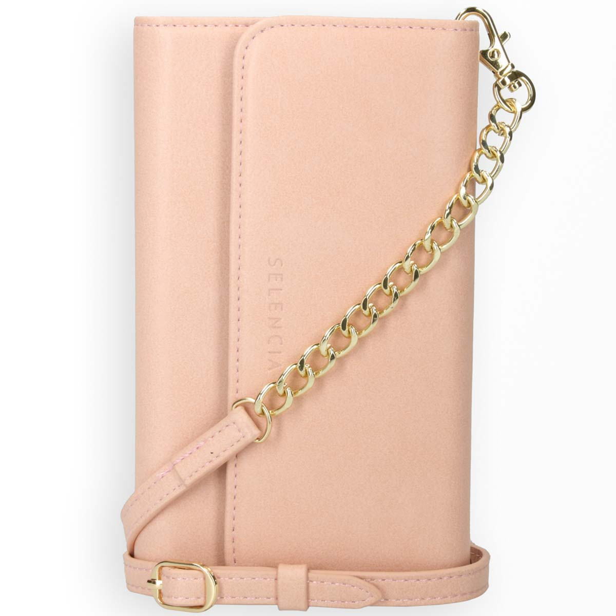 Coque de téléphone rose avec lanière et chaîne. La coque a un design simple.