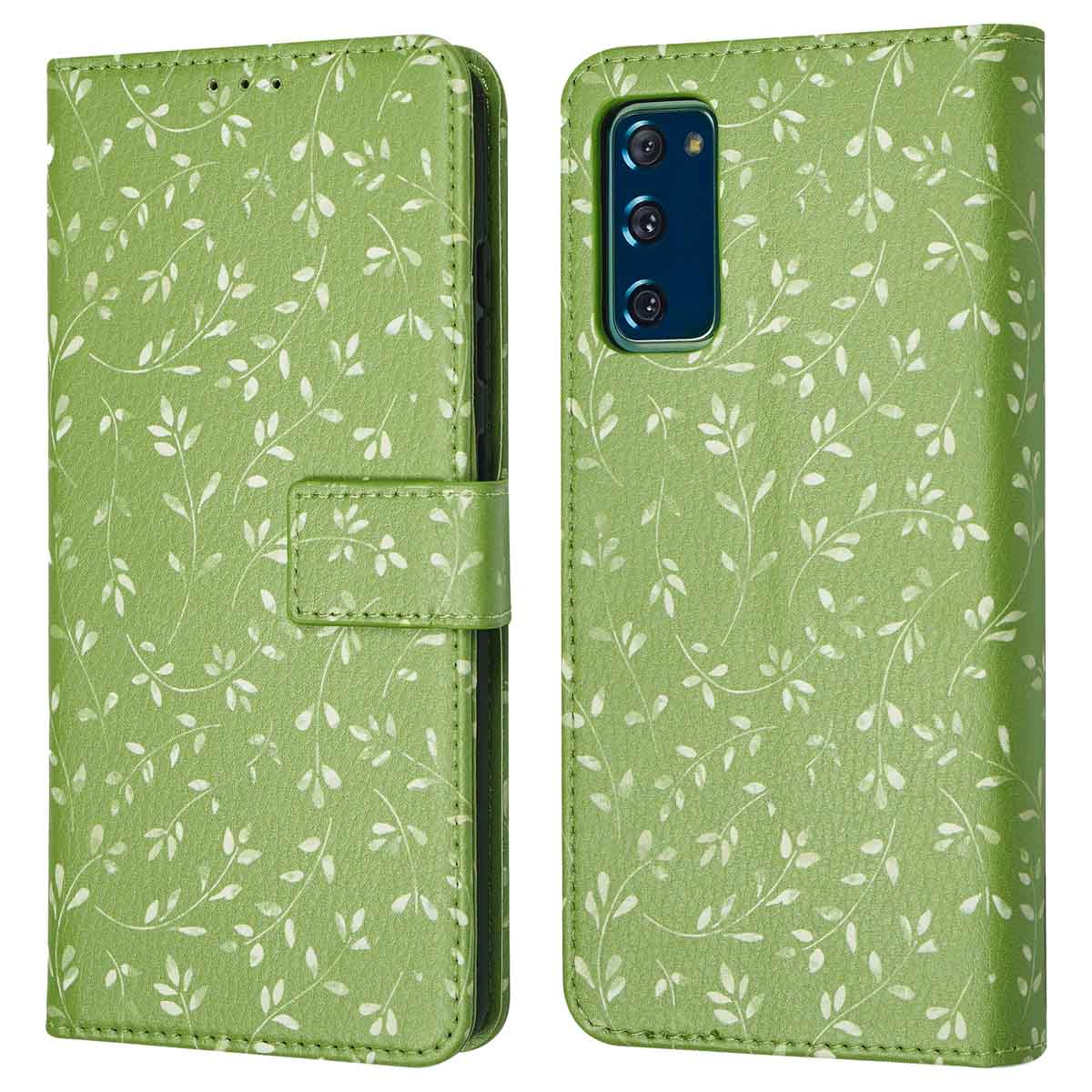 Étui de téléphone vert à motif de feuilles blanches, ouvert pour montrer la caméra. Rabat fermé.