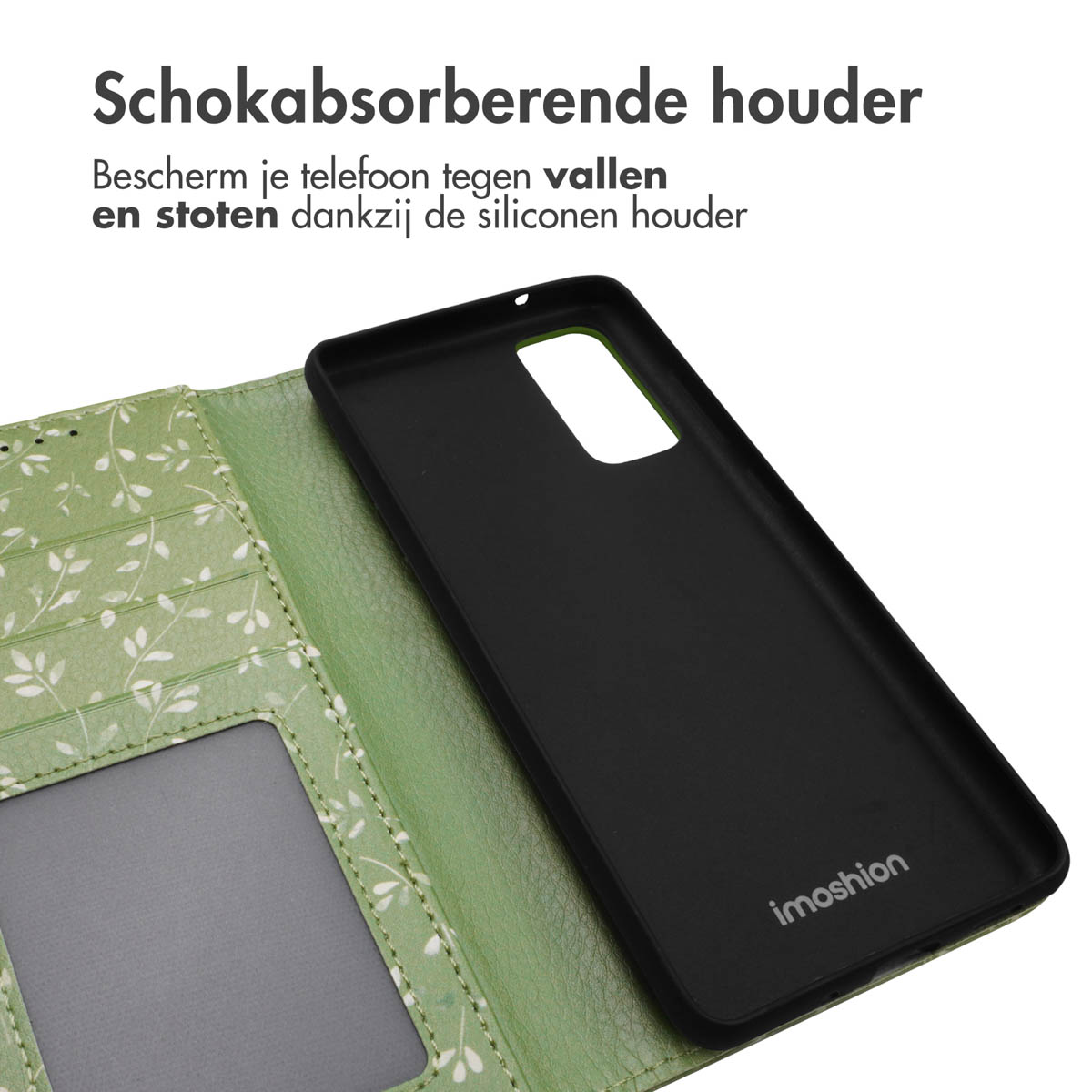 Étui de téléphone vert à motif floral, insert intérieur noir avec découpe.
