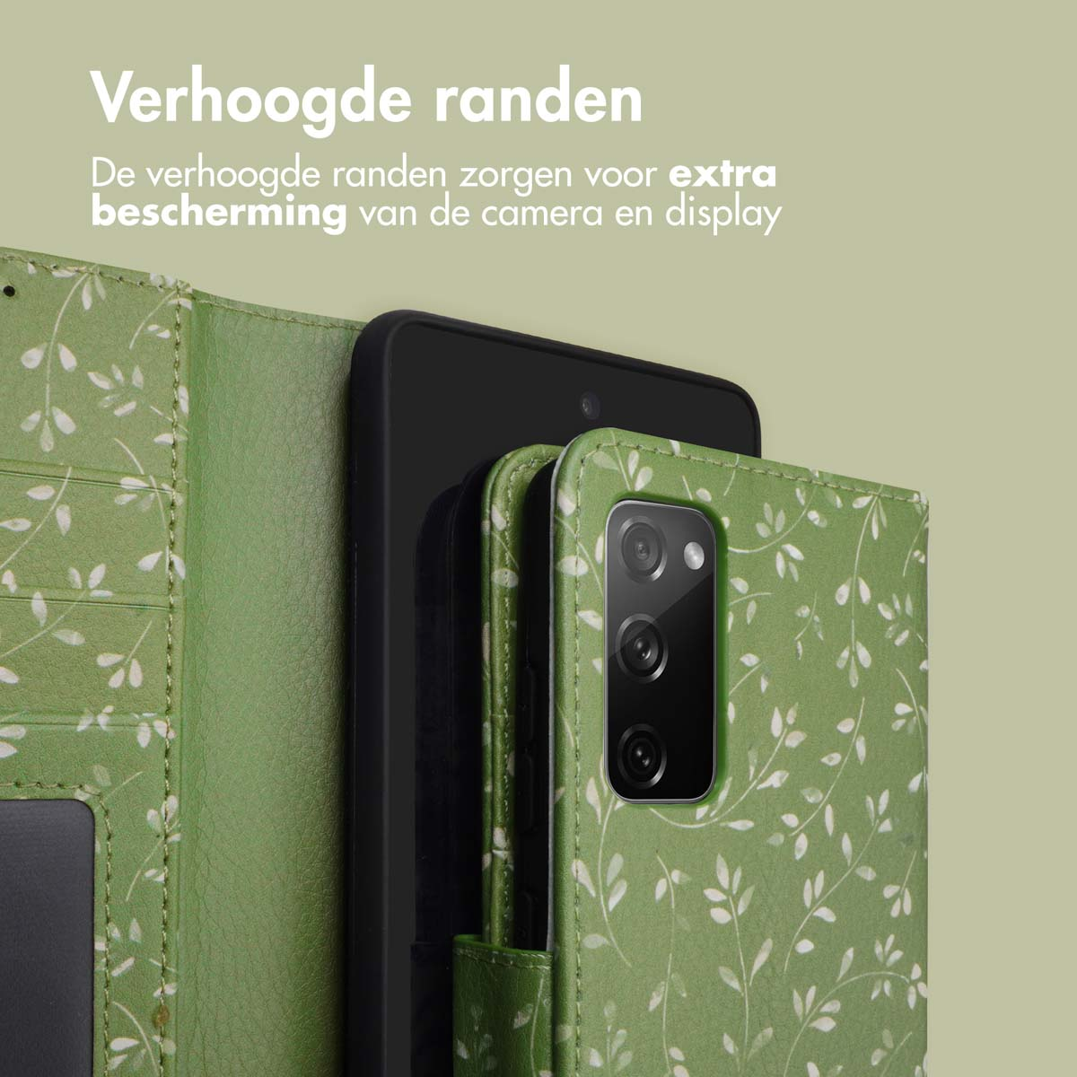 Étui de téléphone vert à motif de feuilles avec bords surélevés.