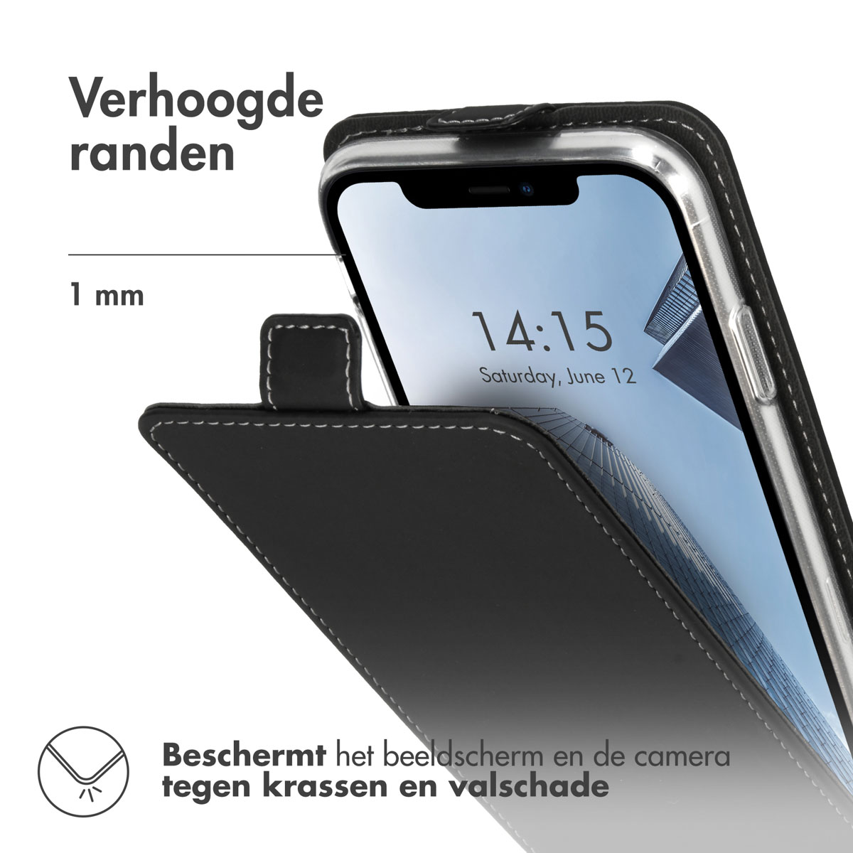 Une coque de téléphone noire avec rabat. L'écran du téléphone affiche l'heure et la date.