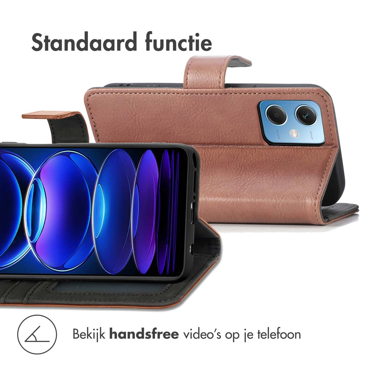Bruine telefoonhoes met telefoon, open om het scherm en camera te laten zien. De telefoon zit erin.