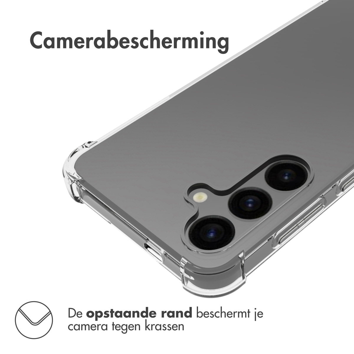 Coque transparente avec bords surélevés. Protège l'appareil photo.