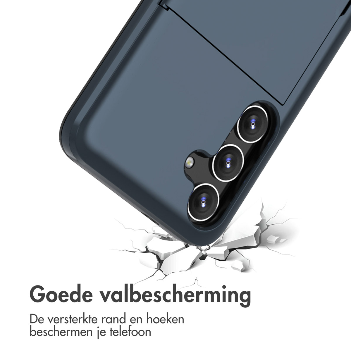 Een telefoonhoes valt, scheuren verschijnen, tekst over bescherming.