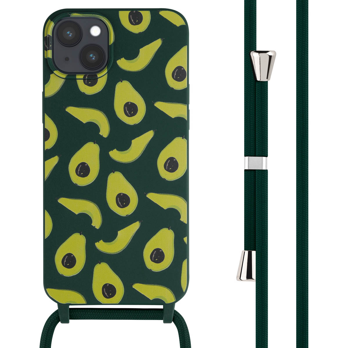 Coque de téléphone verte avec motif avocat. L'étui a une lanière.