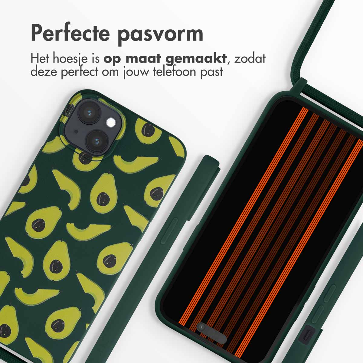 Coque de téléphone vert foncé motif avocat et téléphone à rayures orange.