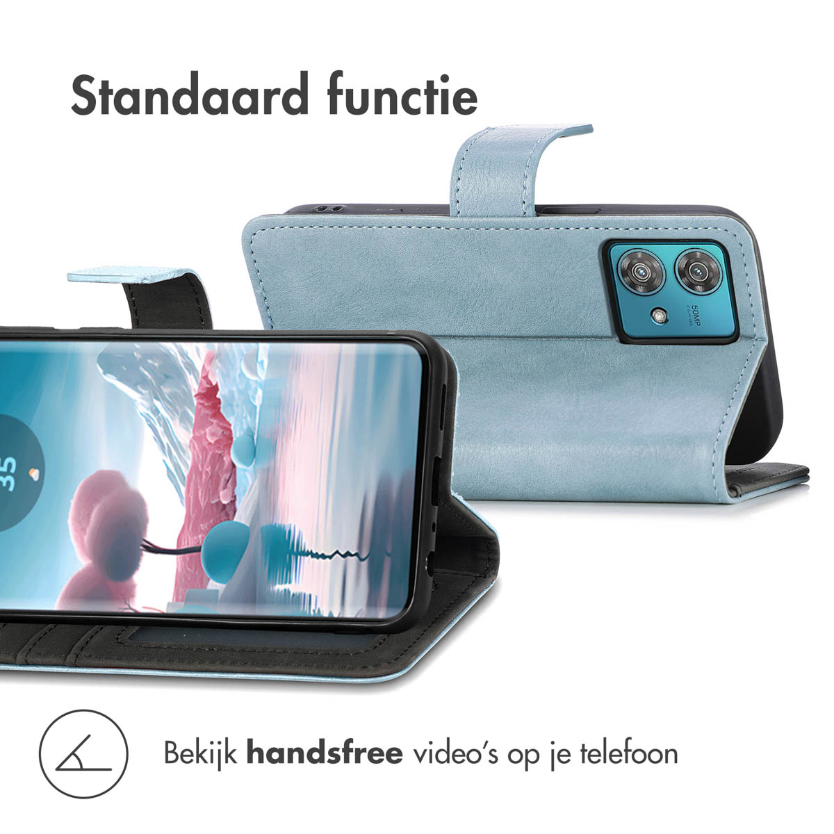 Ein hellblaues Handycover im aufgeklappten Zustand. Eine Kamera ist sichtbar.