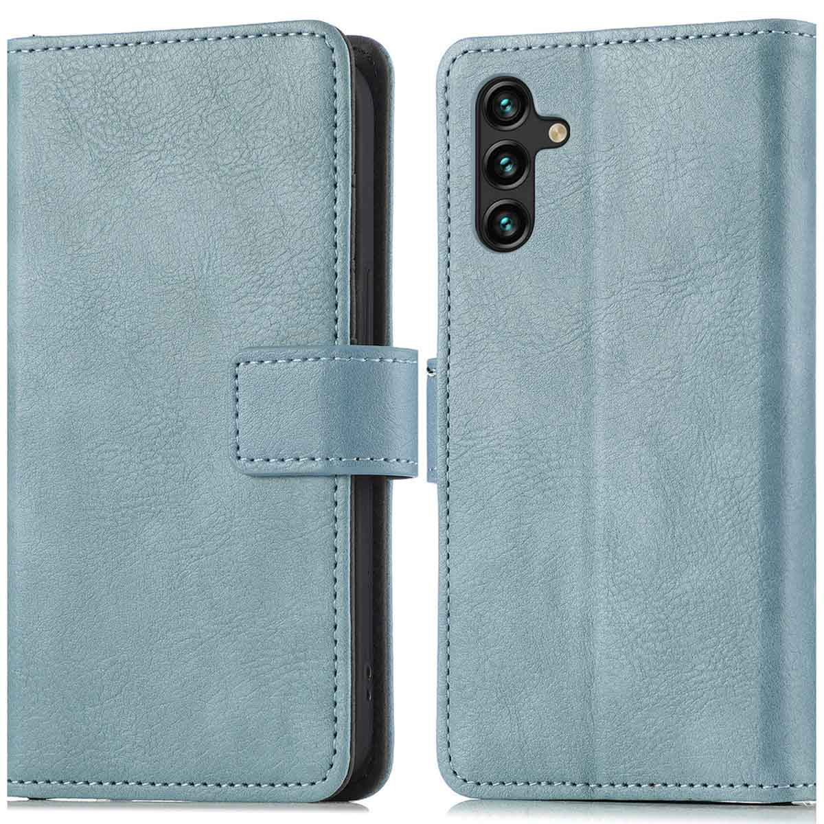 Blauwe telefoonhoes met magnetische sluiting. De hoes heeft een textuur en stikseldetails. Het is open en toont de telefoonhouder.