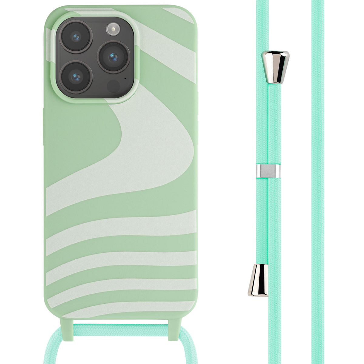 Groene telefoonhoes met wit golfontwerp en een mintgroen koord.