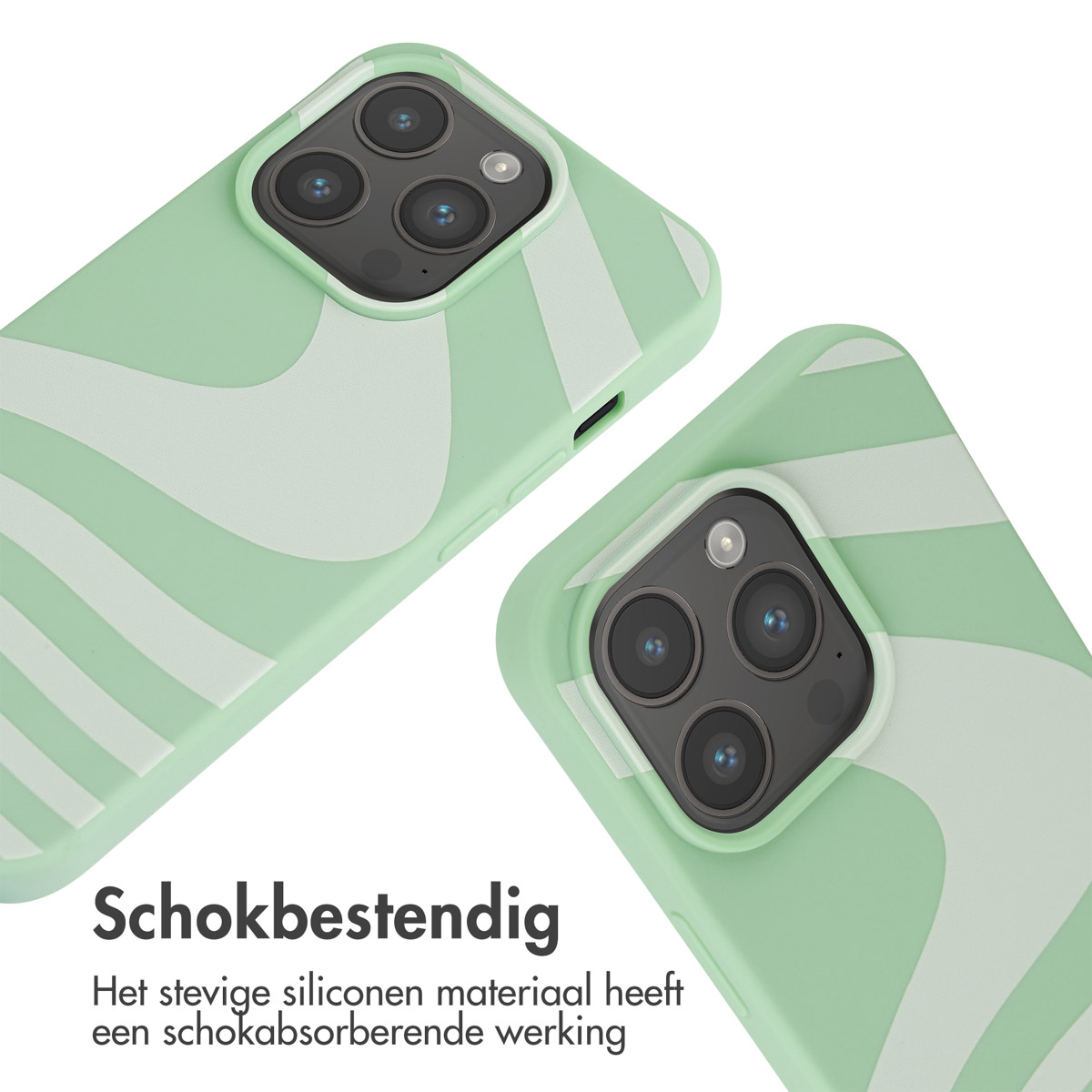 Twee lichtgroene telefoonhoesjes met wit golvend patroon en camera-uitsparingen.