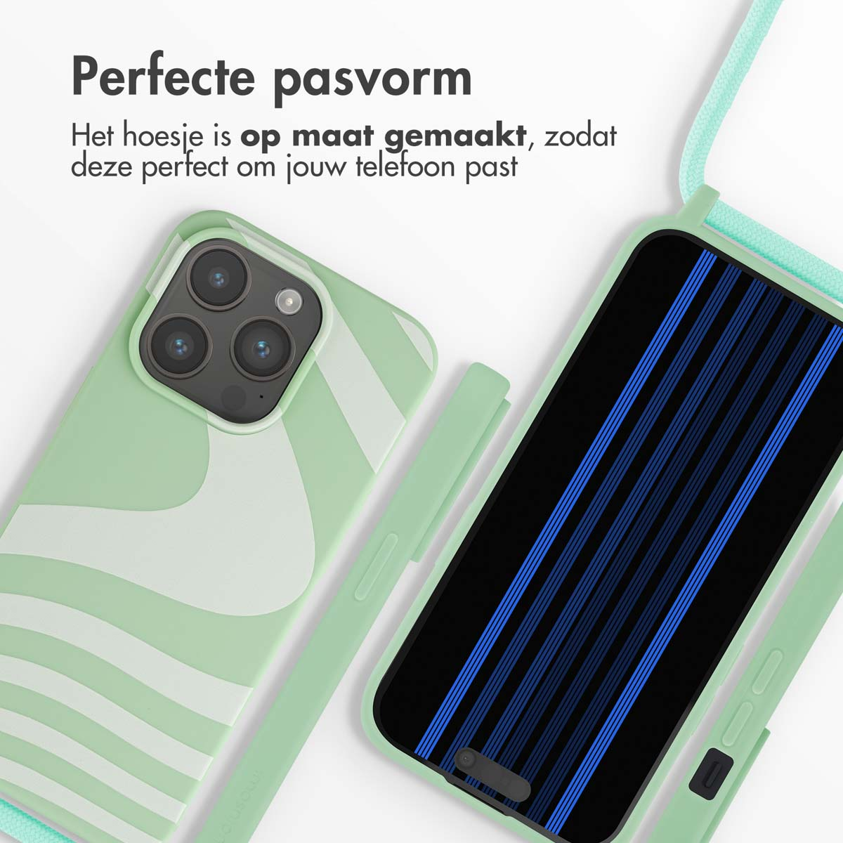 Lichtgroene telefoonhoes met golvend patroon en een telefoon met blauwe strepen.