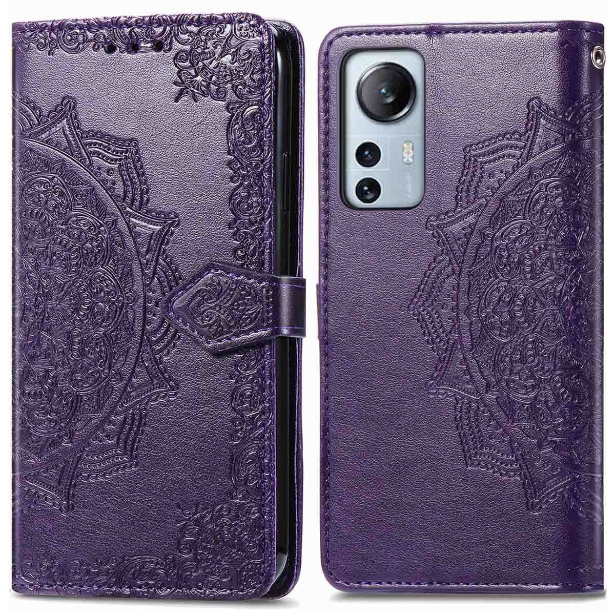 Custodia viola con design mandala e un telefono all'interno.