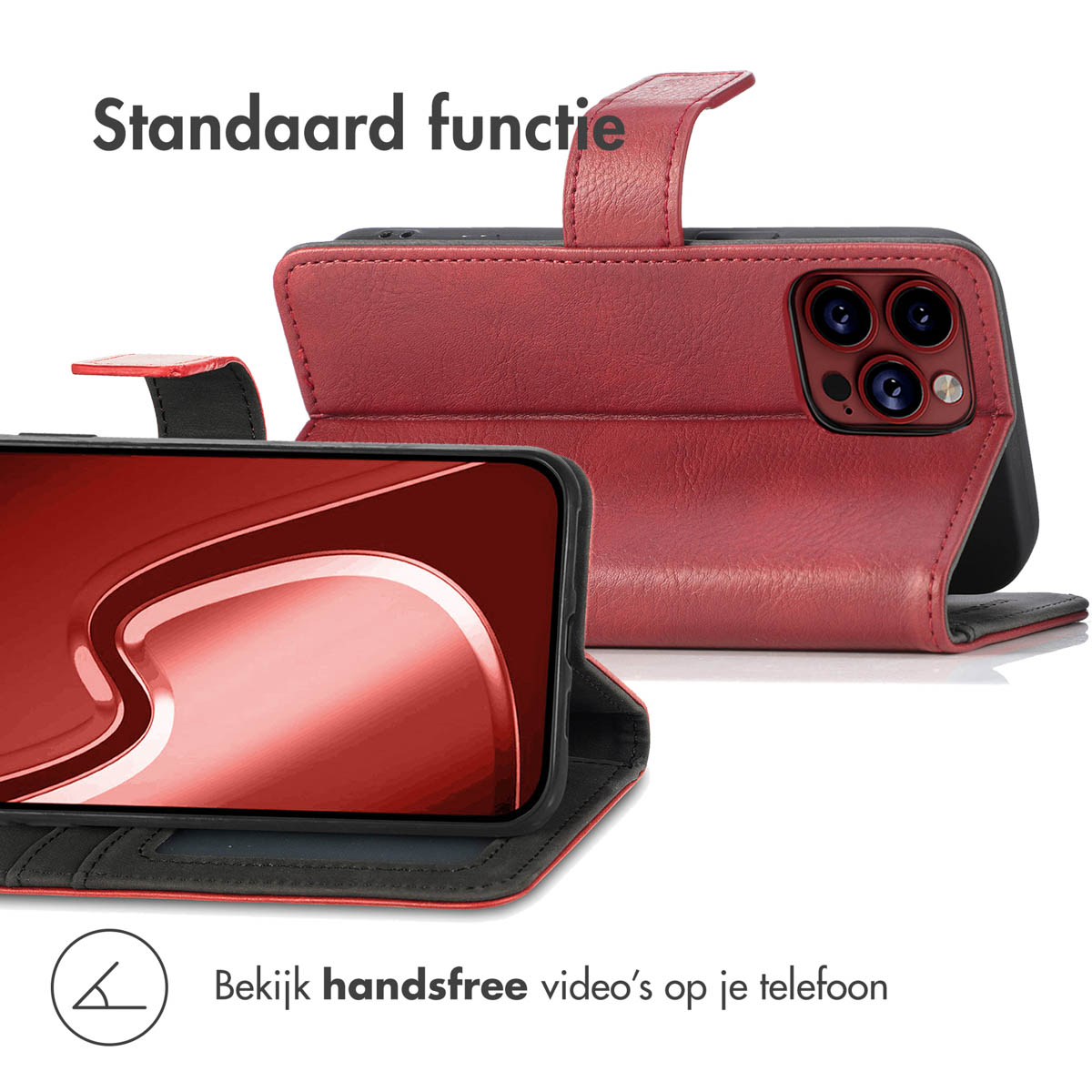 Rote Handyhülle mit einem Telefon, das einen roten Bildschirm anzeigt. Die Hülle ist offen und zeigt das Telefon.