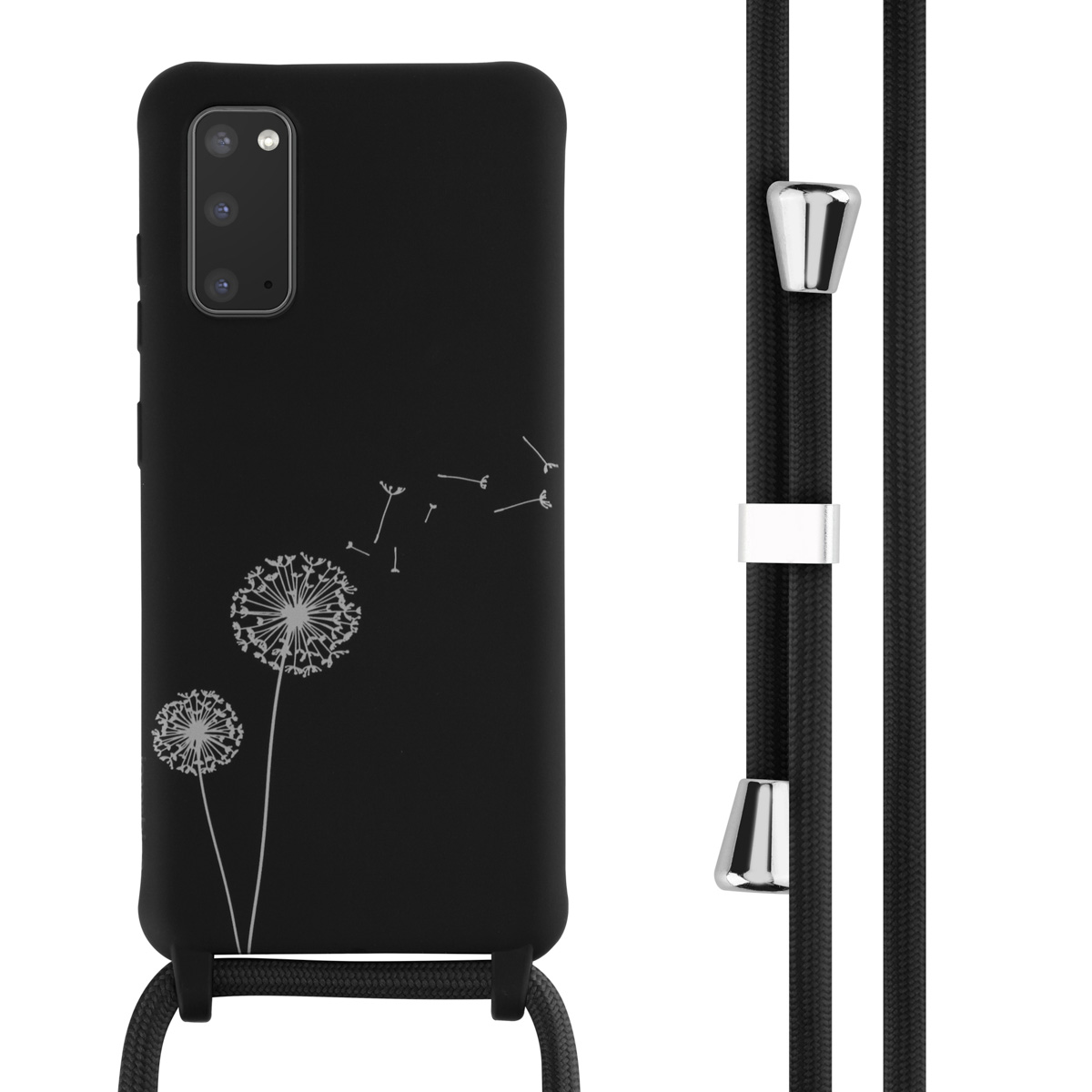 Custodia nera con design a dente di leone, con un cordino nero.