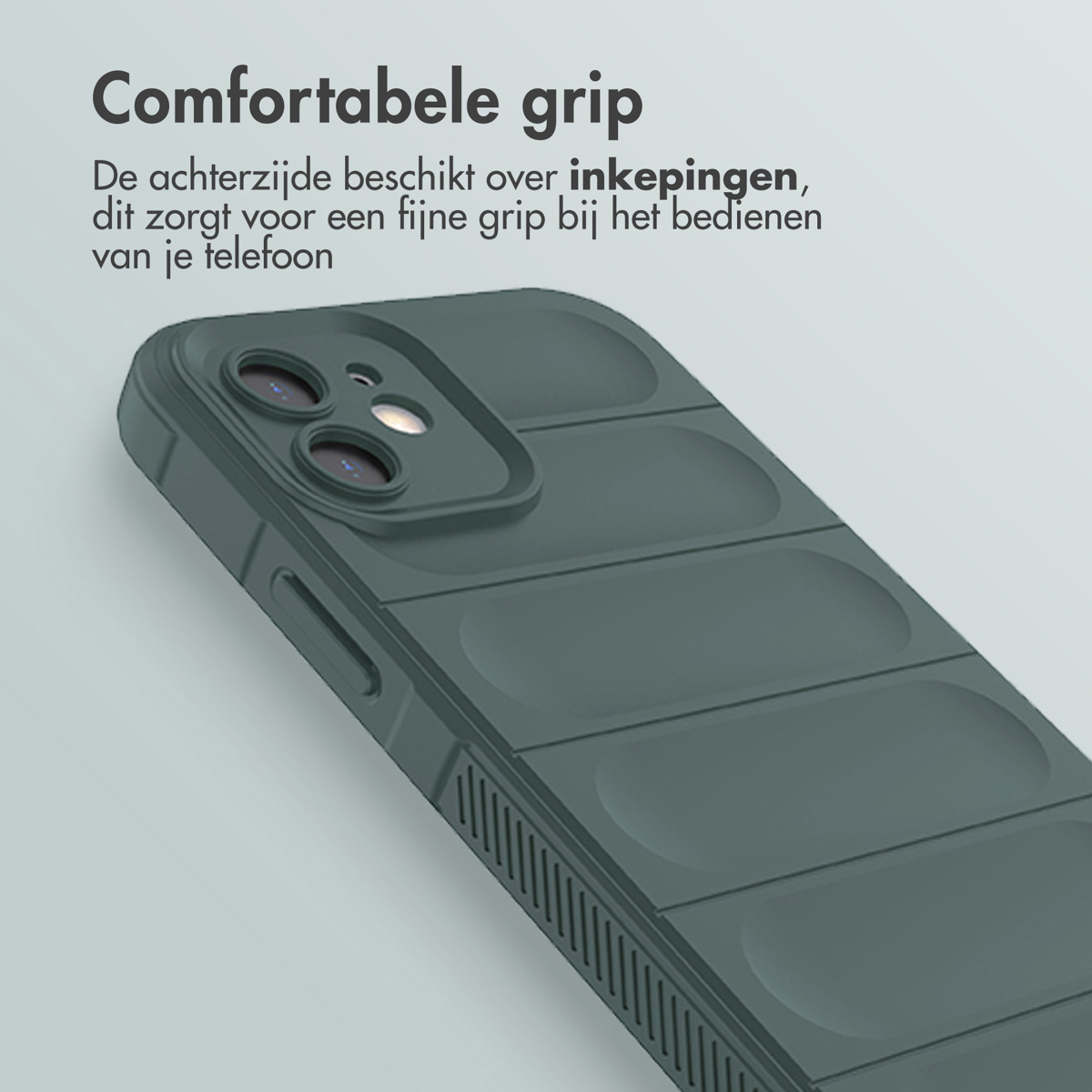 Gros plan d'une coque de téléphone vert foncé avec un design texturé, matelassé, vue en angle.