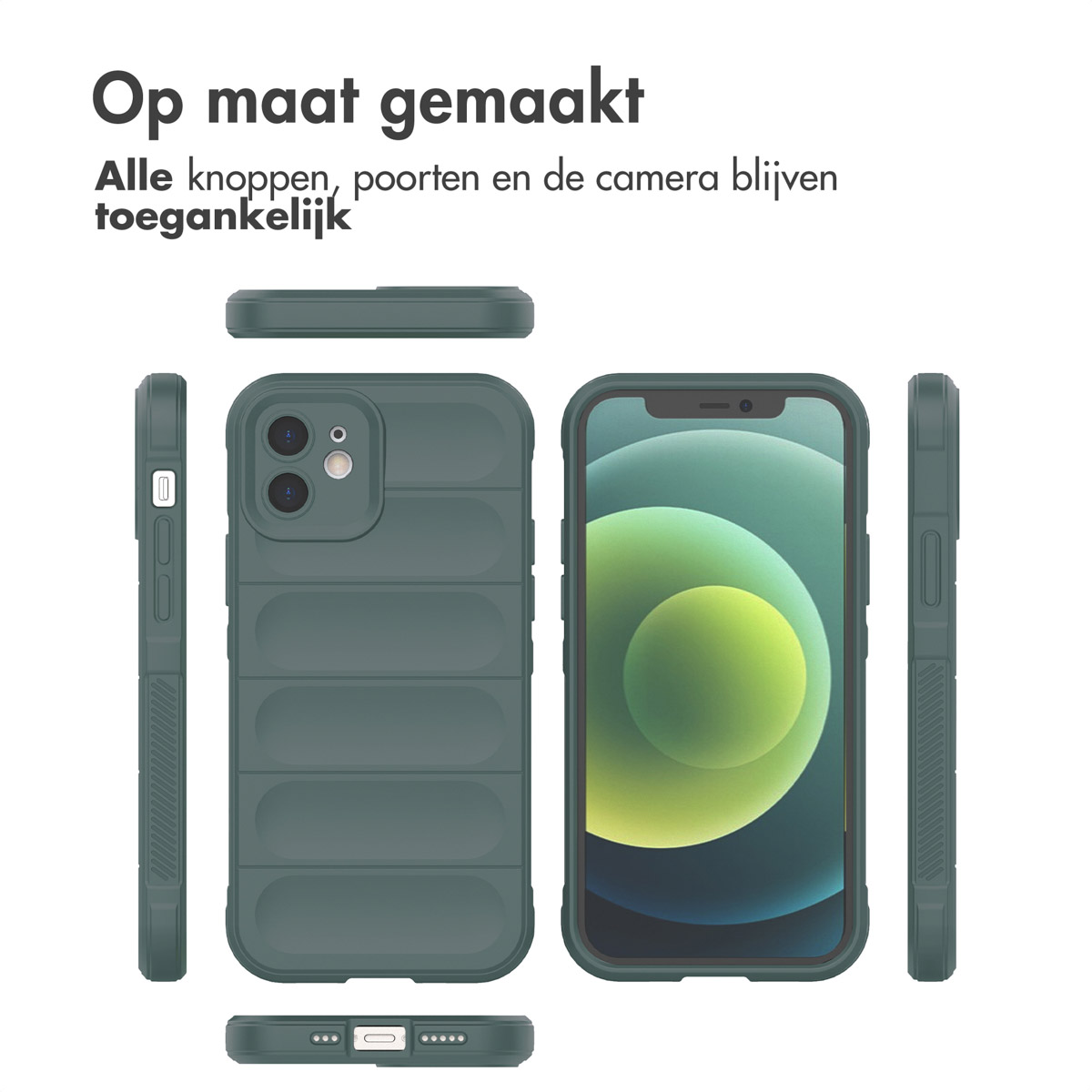 Tre viste di una custodia verde per telefono e un iPhone.