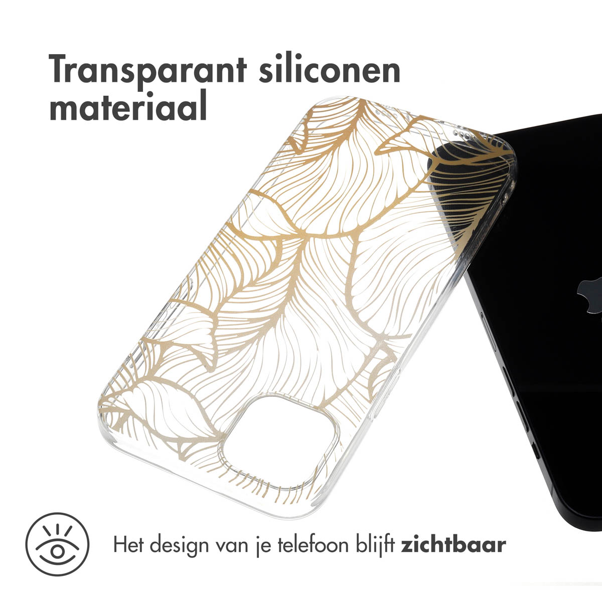Transparante telefoonhoes met gouden bladeren op de telefoon. Toont transparante siliconen.