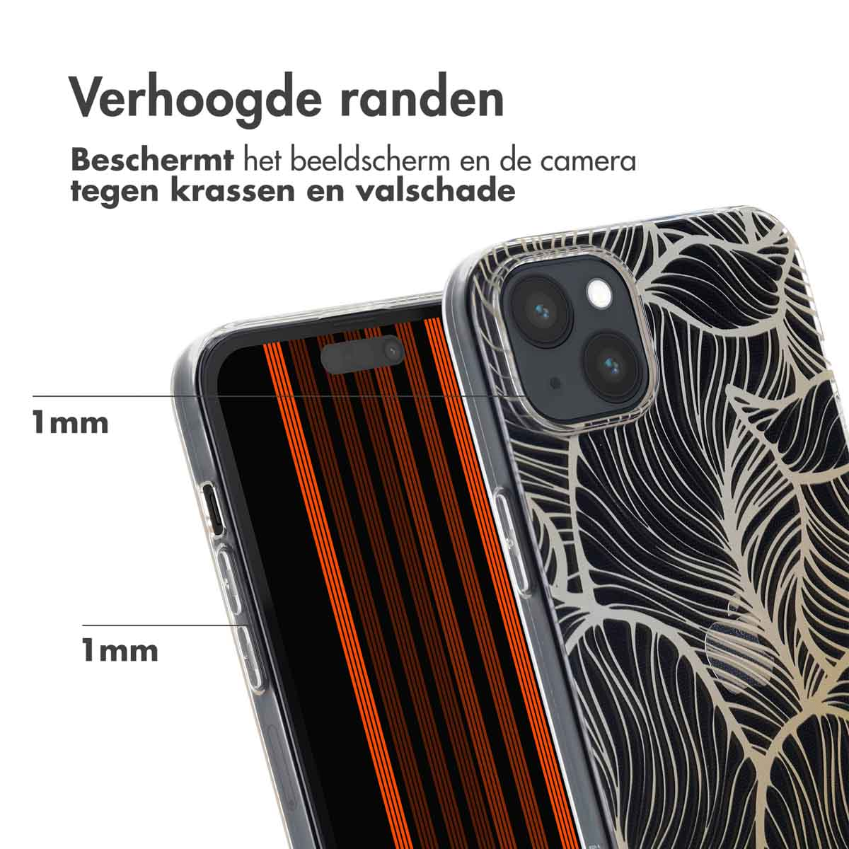 Telefoonhoesje met bladpatroon, beschermt scherm en camera.