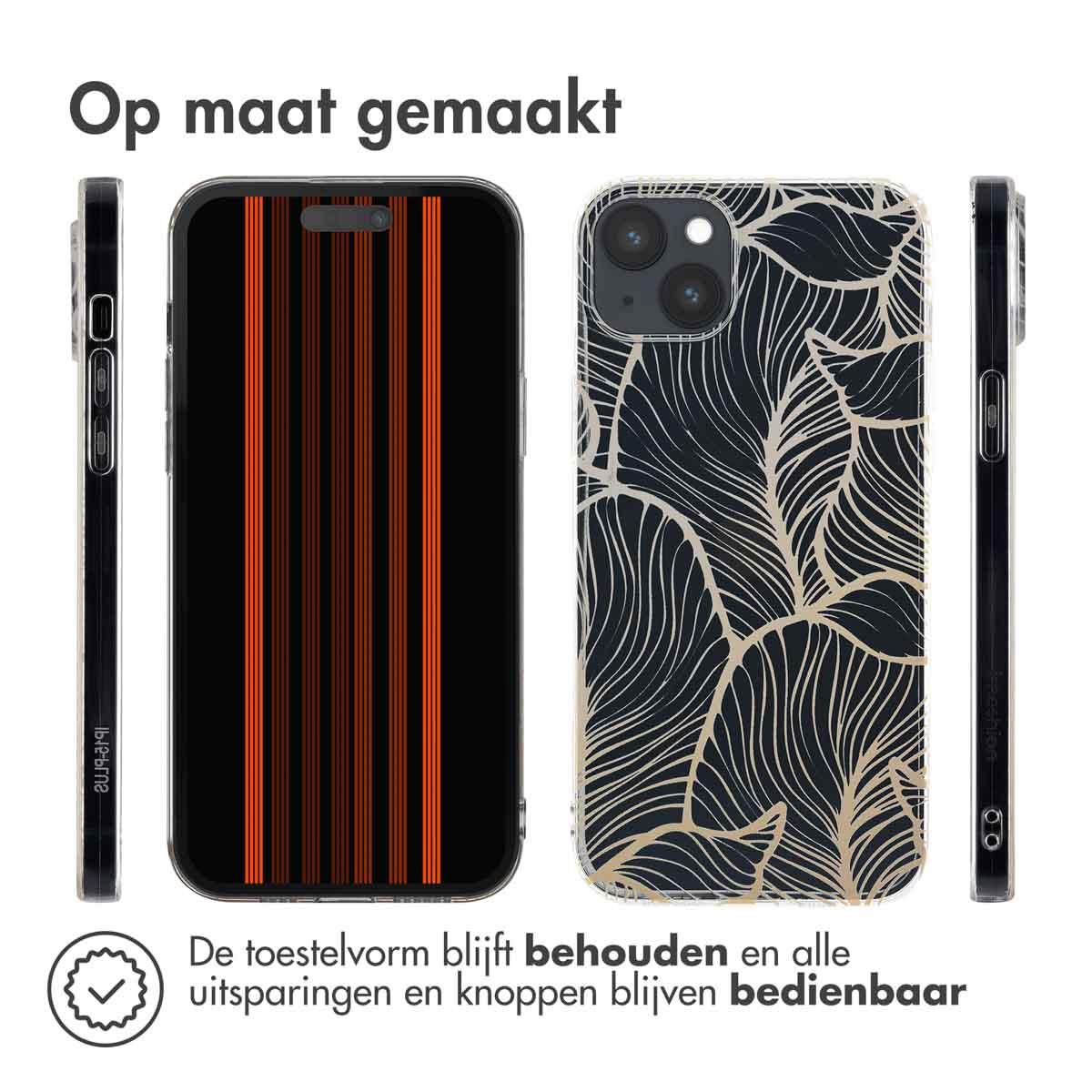 Telefoonhoesjes met streepjes- en bladerpatroon. Toont de telefoonvorm.