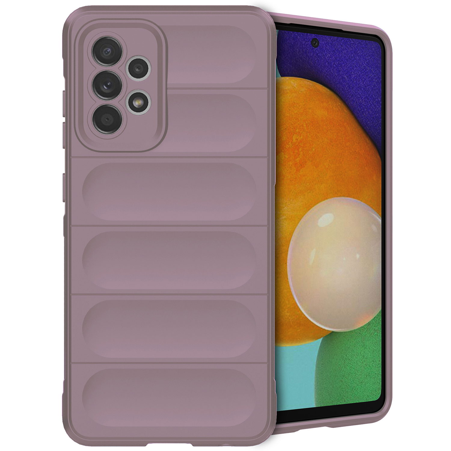 Étui de téléphone mauve avec un design matelassé, couvrant le téléphone. Un écran est visible.