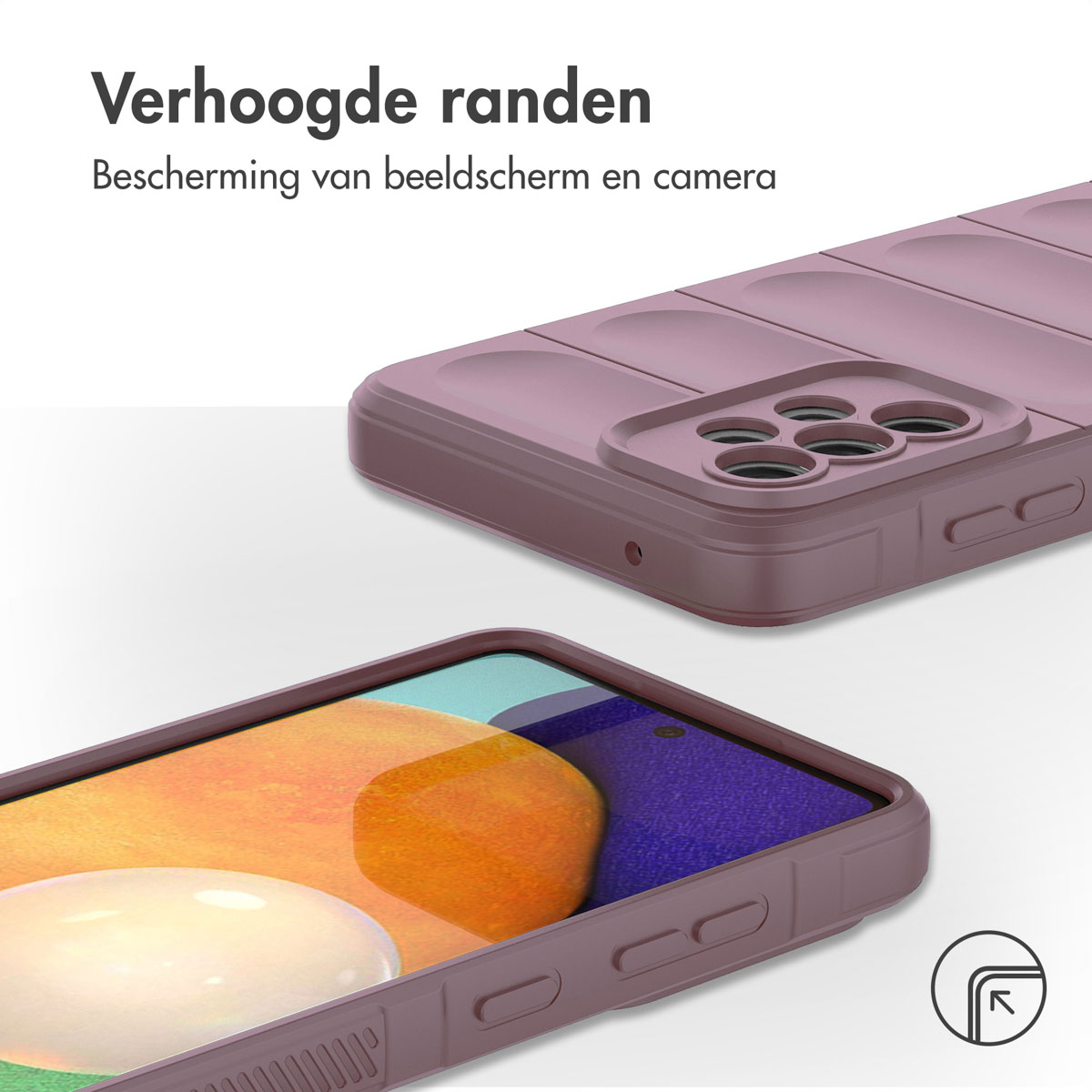 Coque de téléphone violette à bords surélevés pour protéger écran et appareil photo.