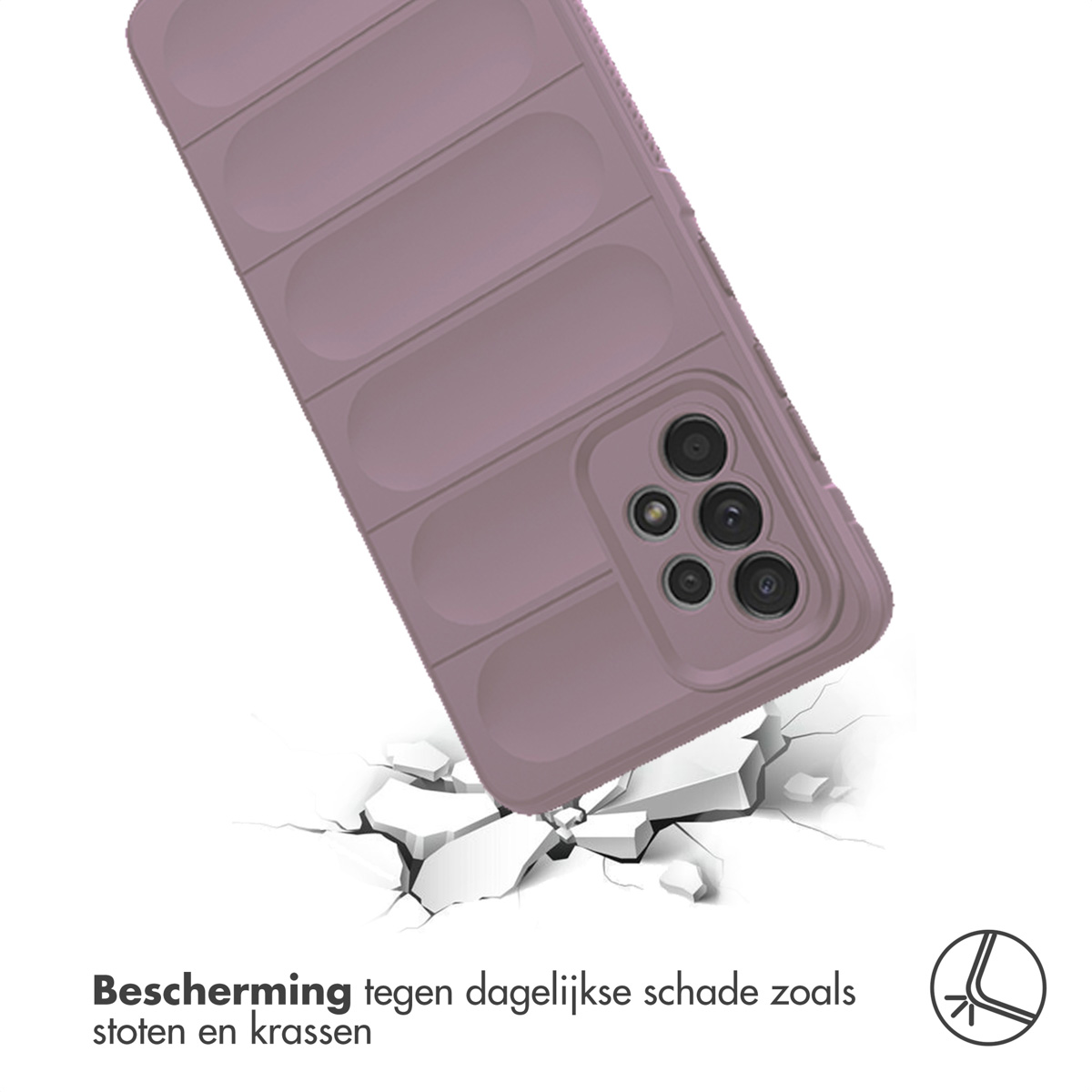 Coque de téléphone violette rainurée tombant sur des blocs blancs fissurés.