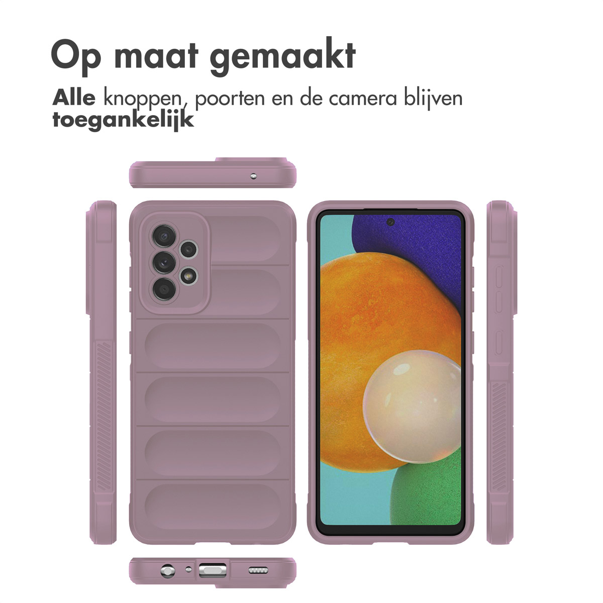Coque de téléphone violette vue sous plusieurs angles, accès caméra et ports.