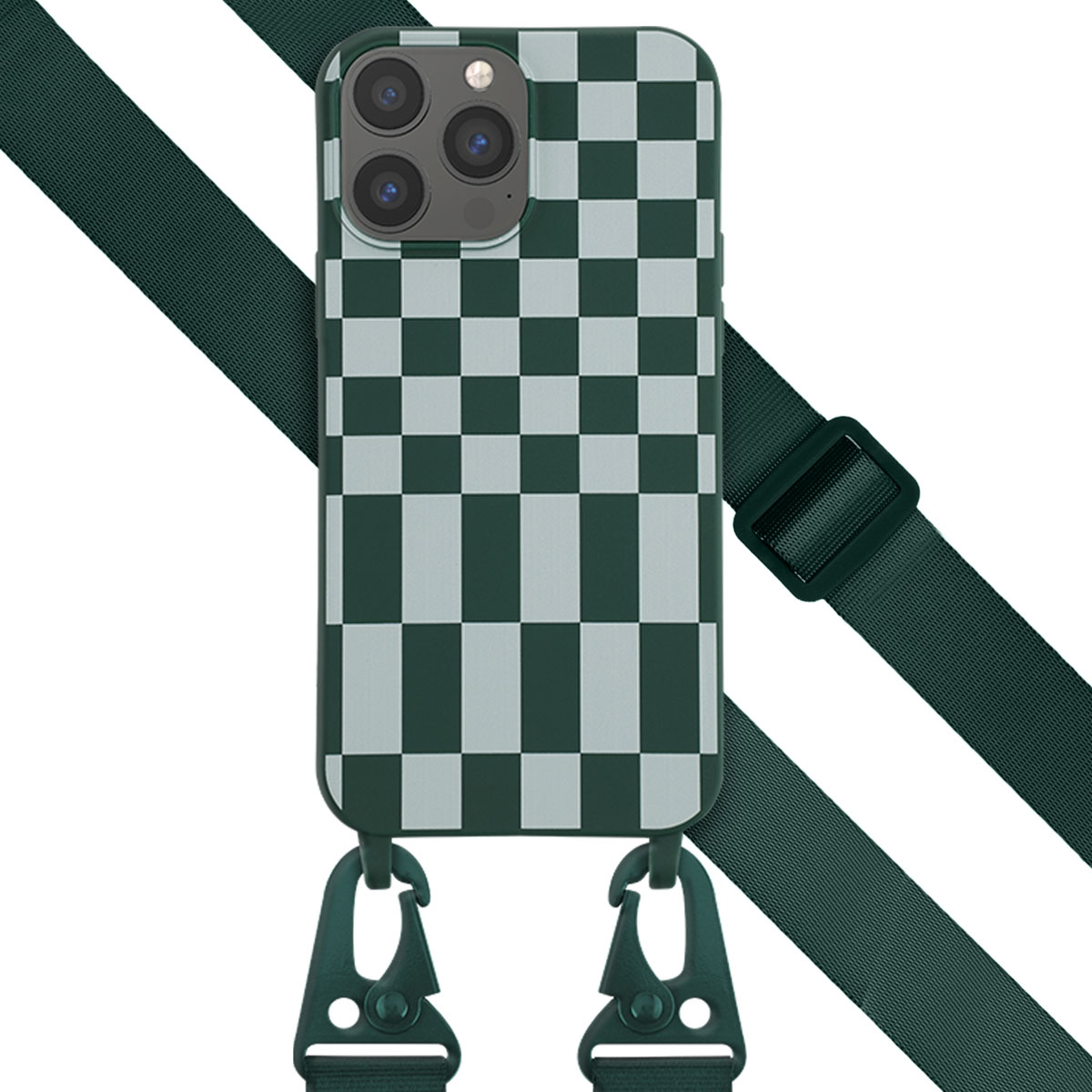 Coque de téléphone à carreaux verts et blancs avec une sangle verte. Deux crochets fixent la sangle à la coque.