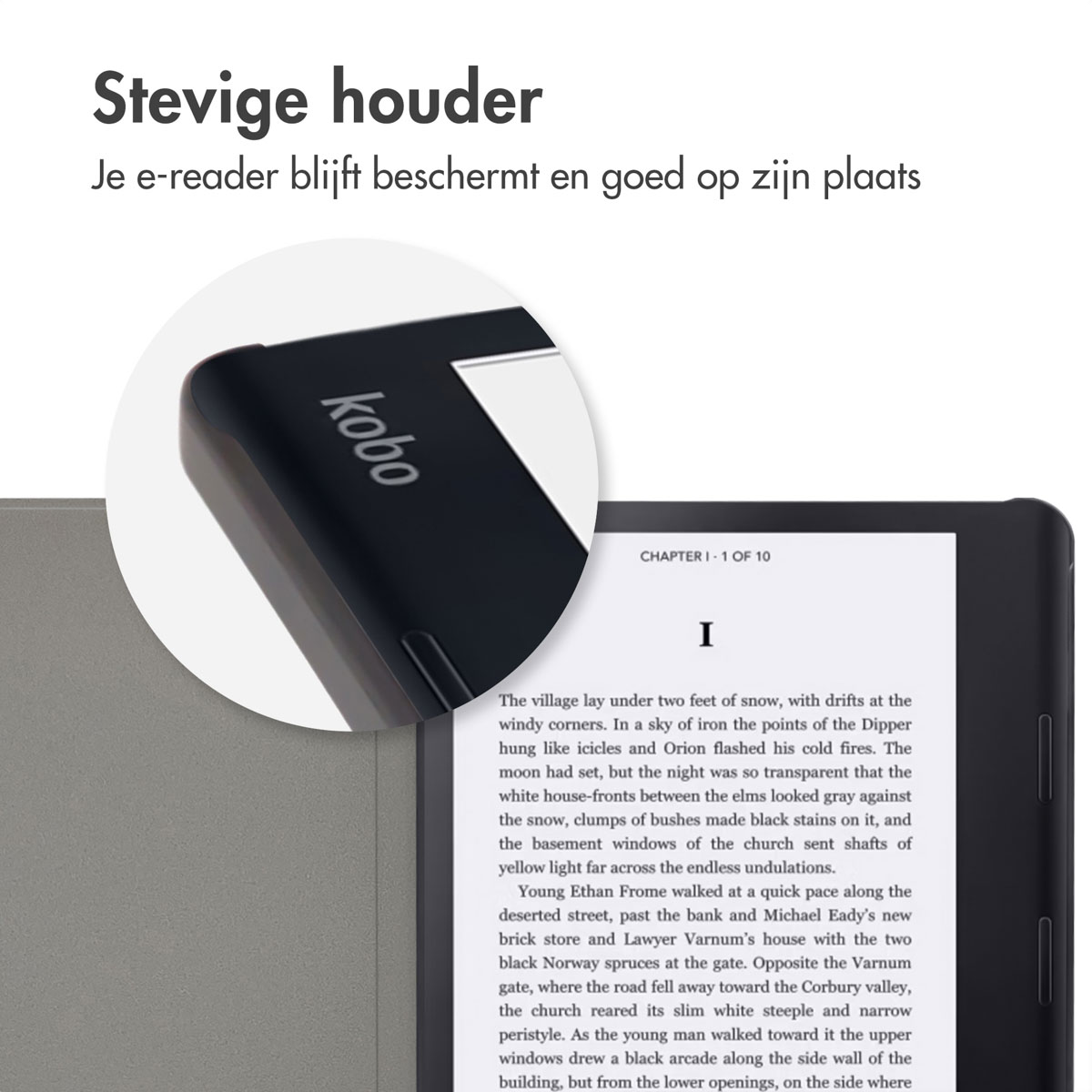 Close-up van een Kobo e-reader met een beschermhoes. Het scherm toont tekst uit een boek.