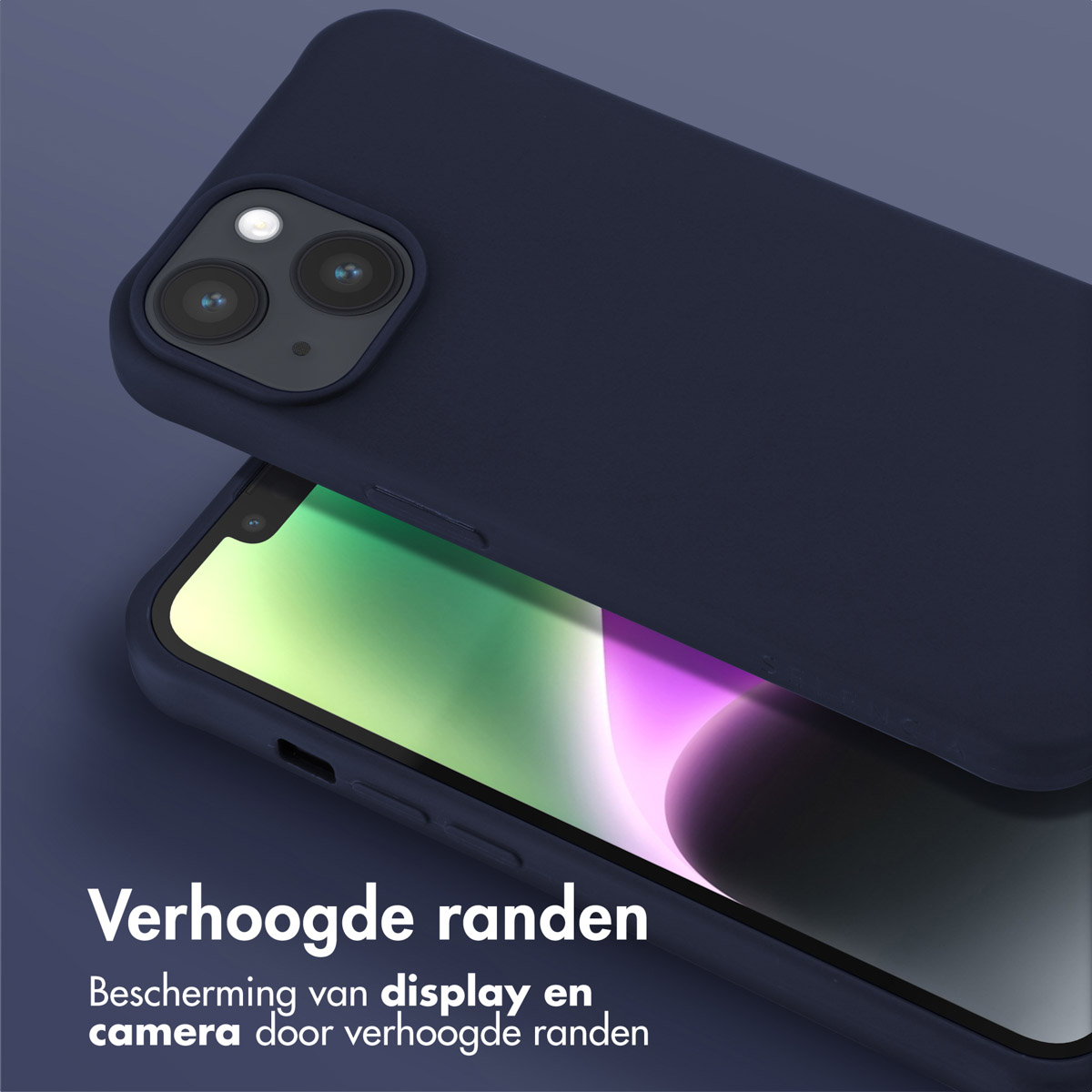 Donkerblauwe telefoonhoes, licht geopend, toont het scherm.