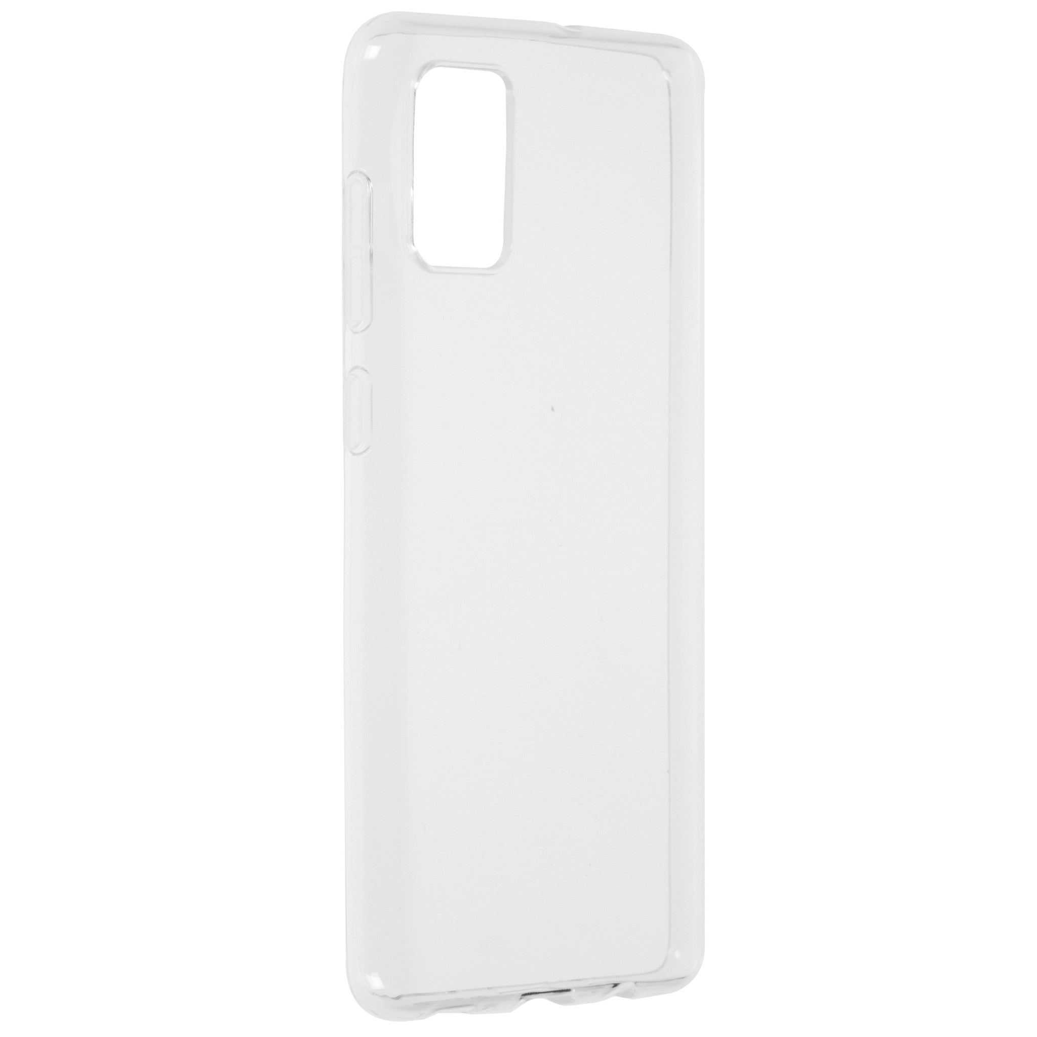 Una custodia trasparente per telefono con ritagli per fotocamera e pulsanti.