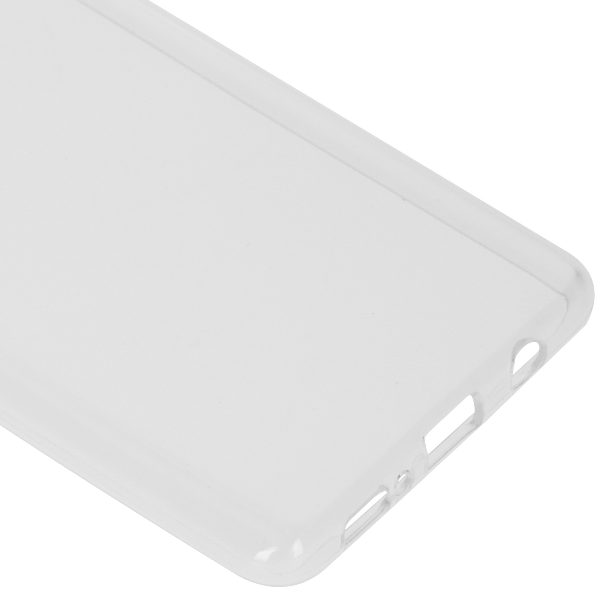 Una custodia per telefono trasparente in plastica con ritagli per le porte.