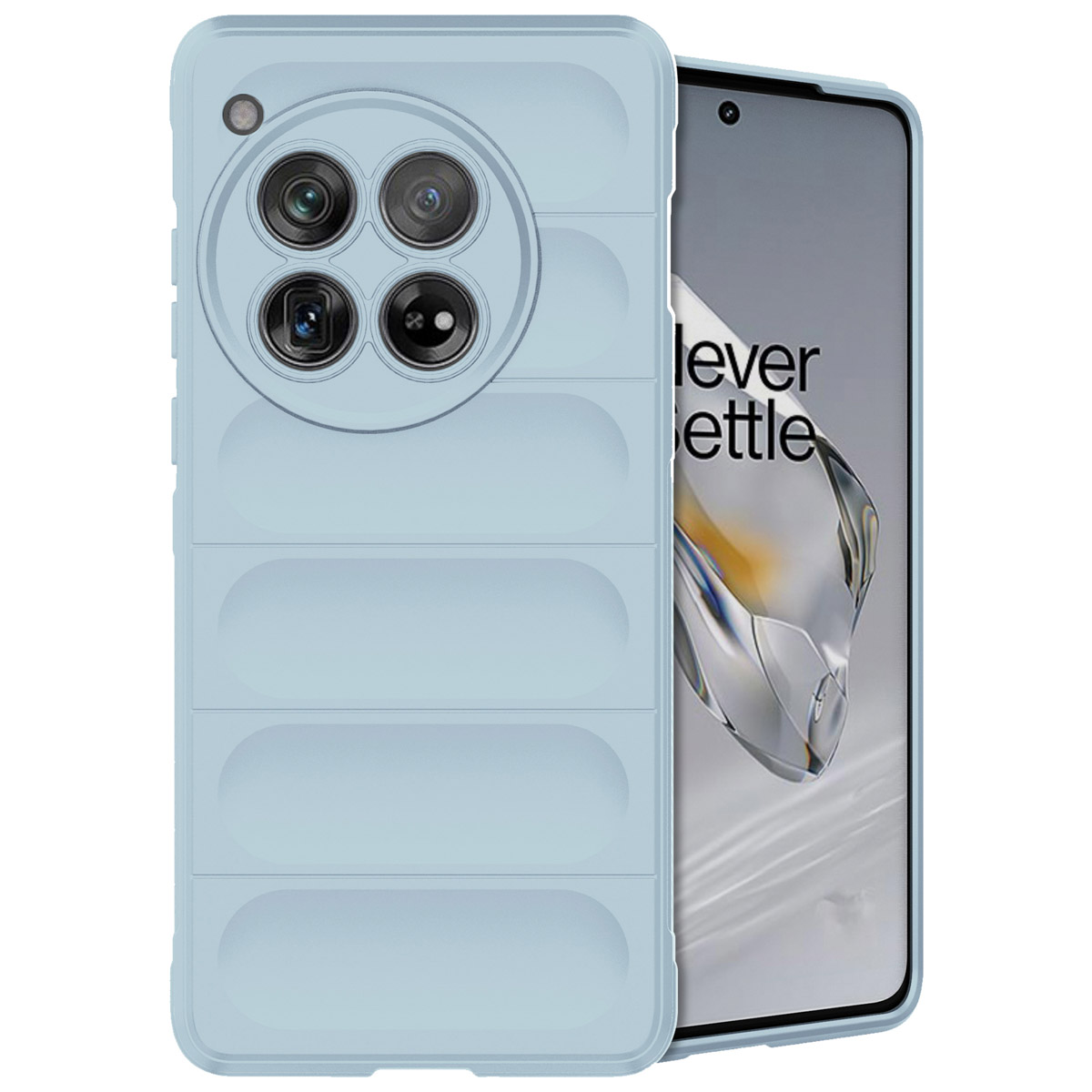 Custodia per telefono azzurra con motivo trapuntato su sfondo bianco e schermo visibile.
