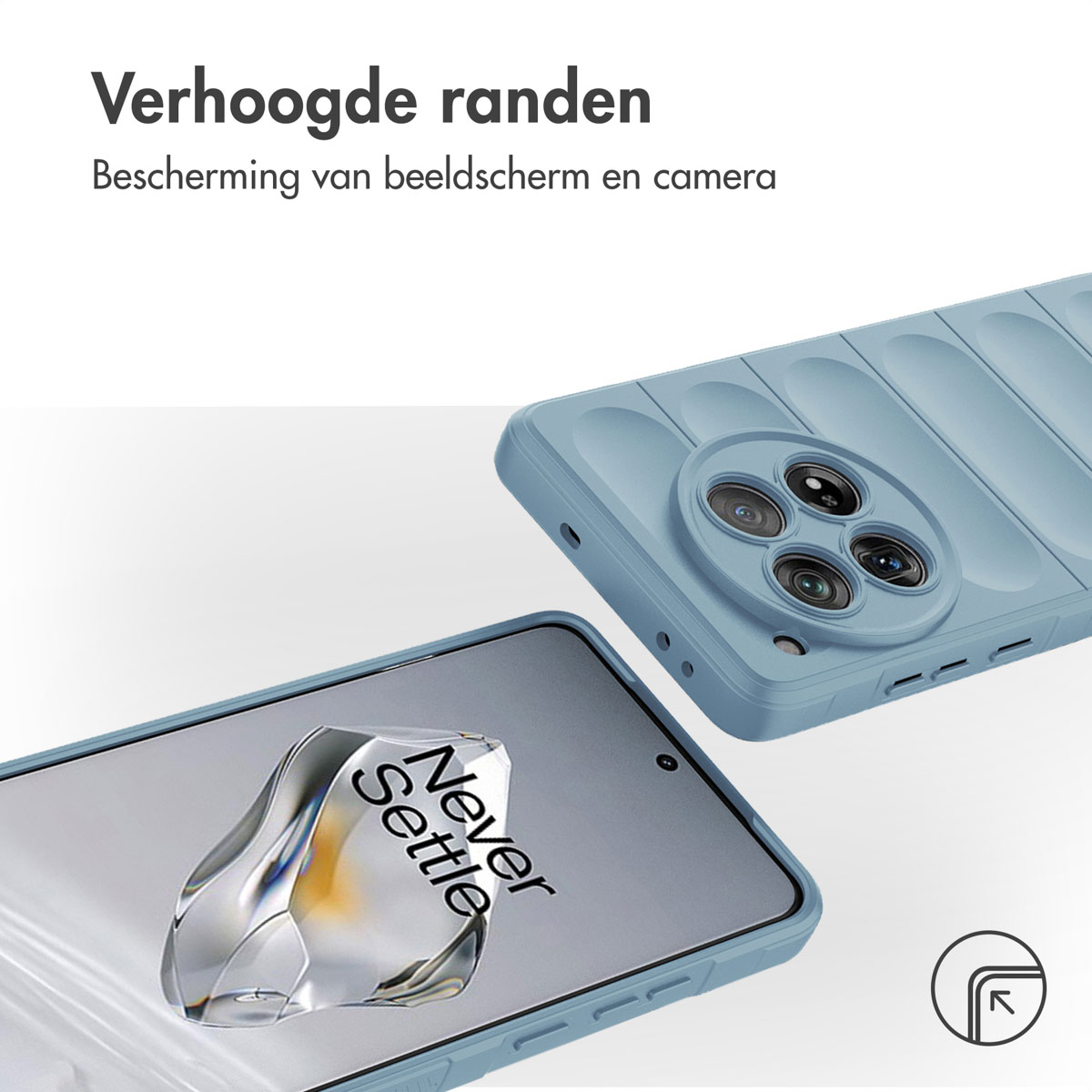 Custodia blu per telefono con telefono dentro. Bordi rialzati per proteggere schermo e fotocamera.