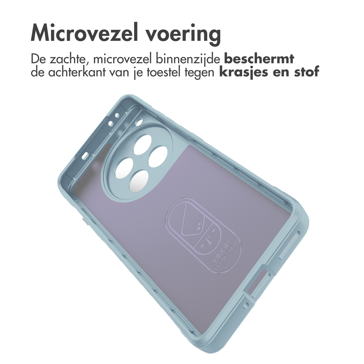 Una custodia per telefono con cornice blu e retro viola con fodera in microfibra.