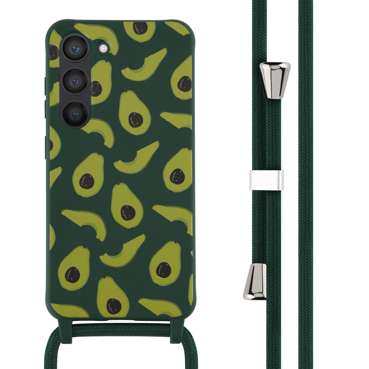 Groene telefoonhoes met avocado-ontwerp, met een groene riem bevestigd.