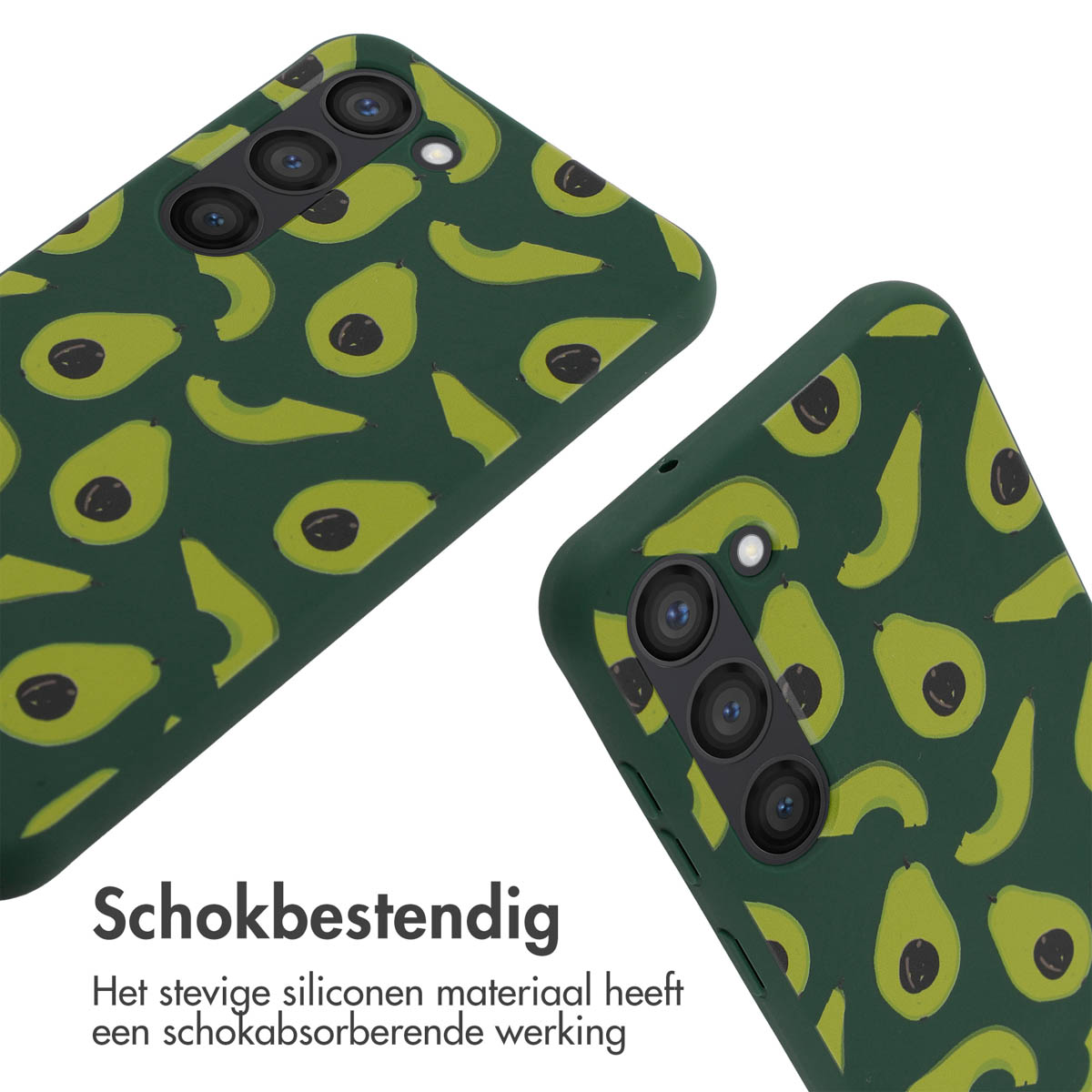 Donkergroene telefoonhoesjes met avocadopatroon. Drie cameralenzen zichtbaar.