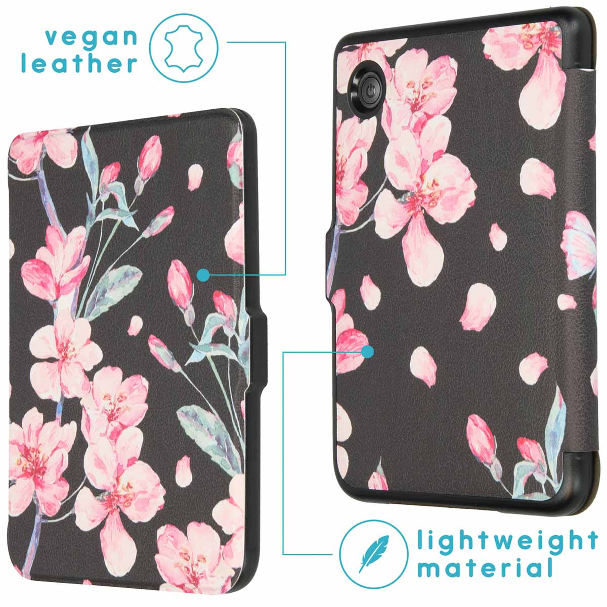 Couverture de livre noire à motifs de fleurs de cerisier roses. Cuir végan.