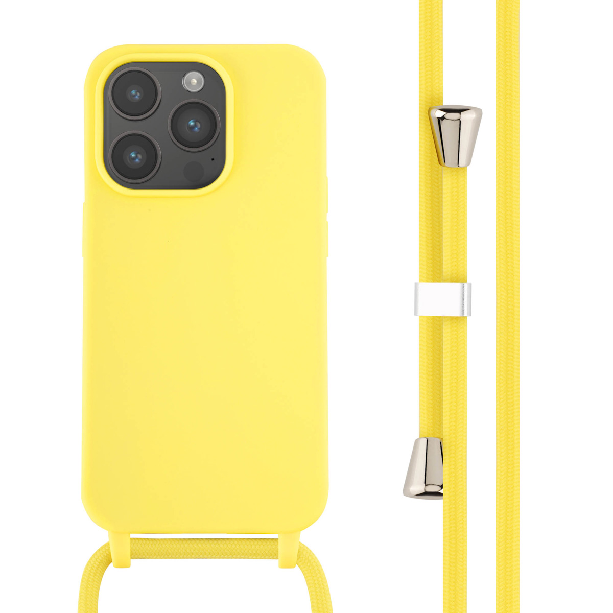 Gele telefoonhoes met gele koord. Zilveren metalen details. Telefoon heeft drie camera's.